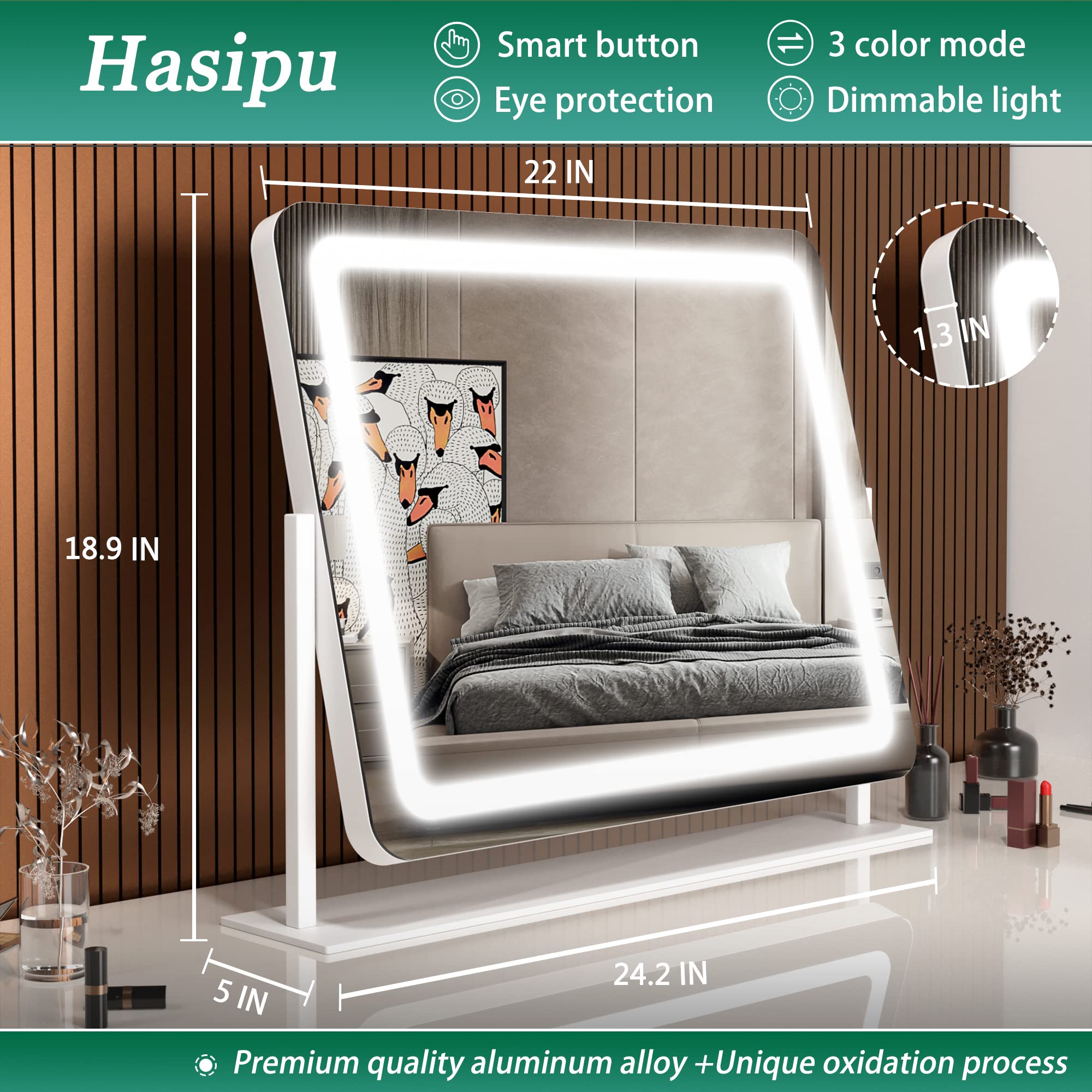 Hasipu Vanity Mirror With Lights, 24.2' X 18.9' Led Make Up Mirror, Light Up Mirror With 10X Magnification And Usb Charging Po