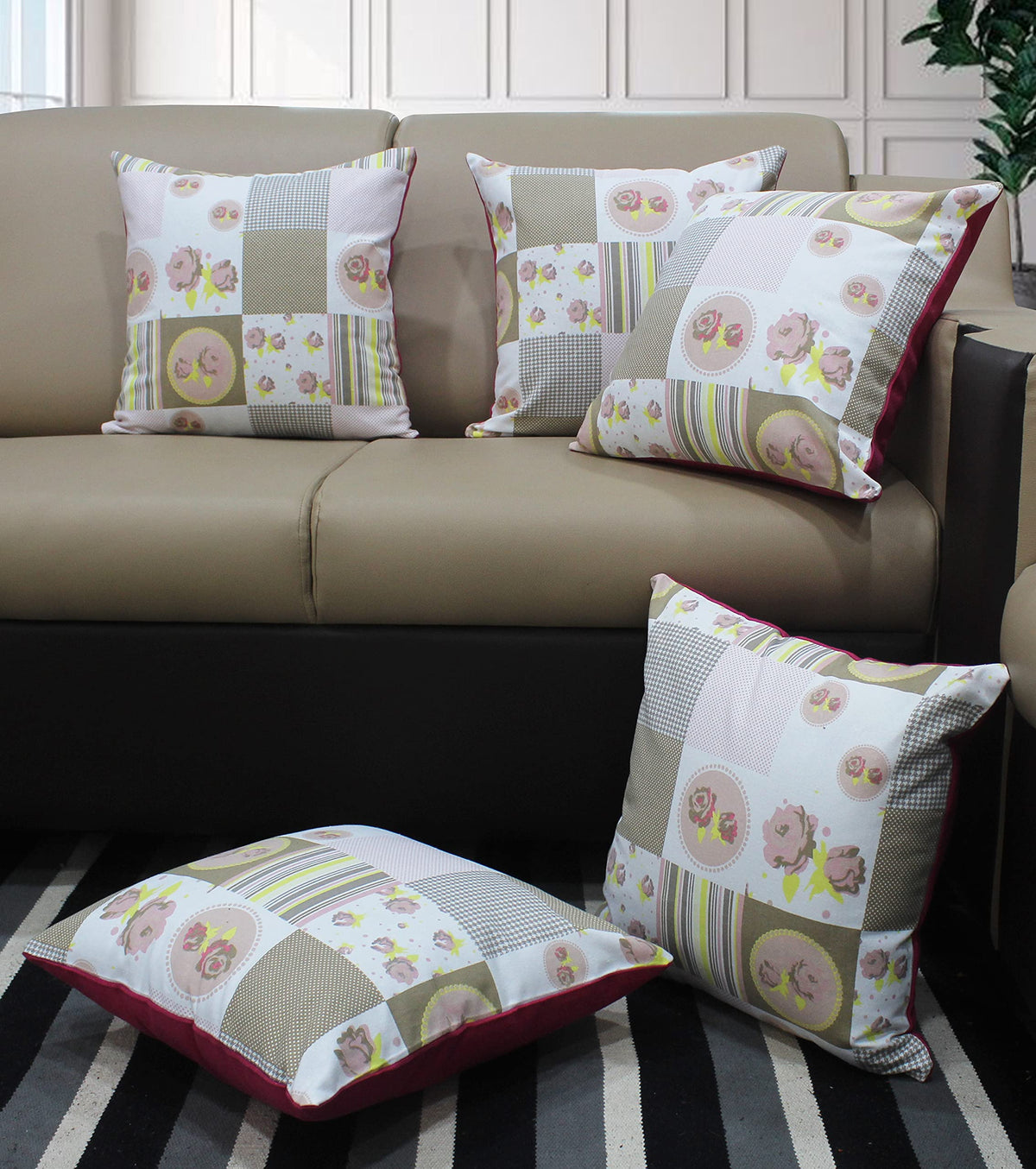 Airwill Cotton Check Flower Themed Cushion Covers For Cushions & Pillows (Beige & Grey, Pack Of 5)