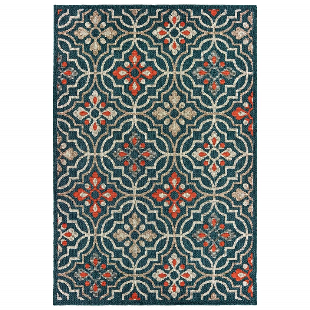 HomeRoots 8' x 10' Blue and Orange Moroccan Indoor Outdoor Area Rug, 388363