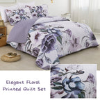 Drucon Floral Quilt Set King 3 Pieces Boho Purple Quilt Coverlet Set Soft Microfiber Lightweight Purple Floral Quilted Bedspread