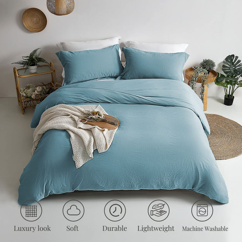 Mildly Super Soft Duvet Cover - 100% Washed Microfiber Grayish Blue Comforter Cover Set 3 Pieces With Zipper Closure & Corner Ti