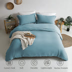 Mildly Super Soft Duvet Cover - 100% Washed Microfiber Grayish Blue Comforter Cover Set 3 Pieces With Zipper Closure & Corner Ti