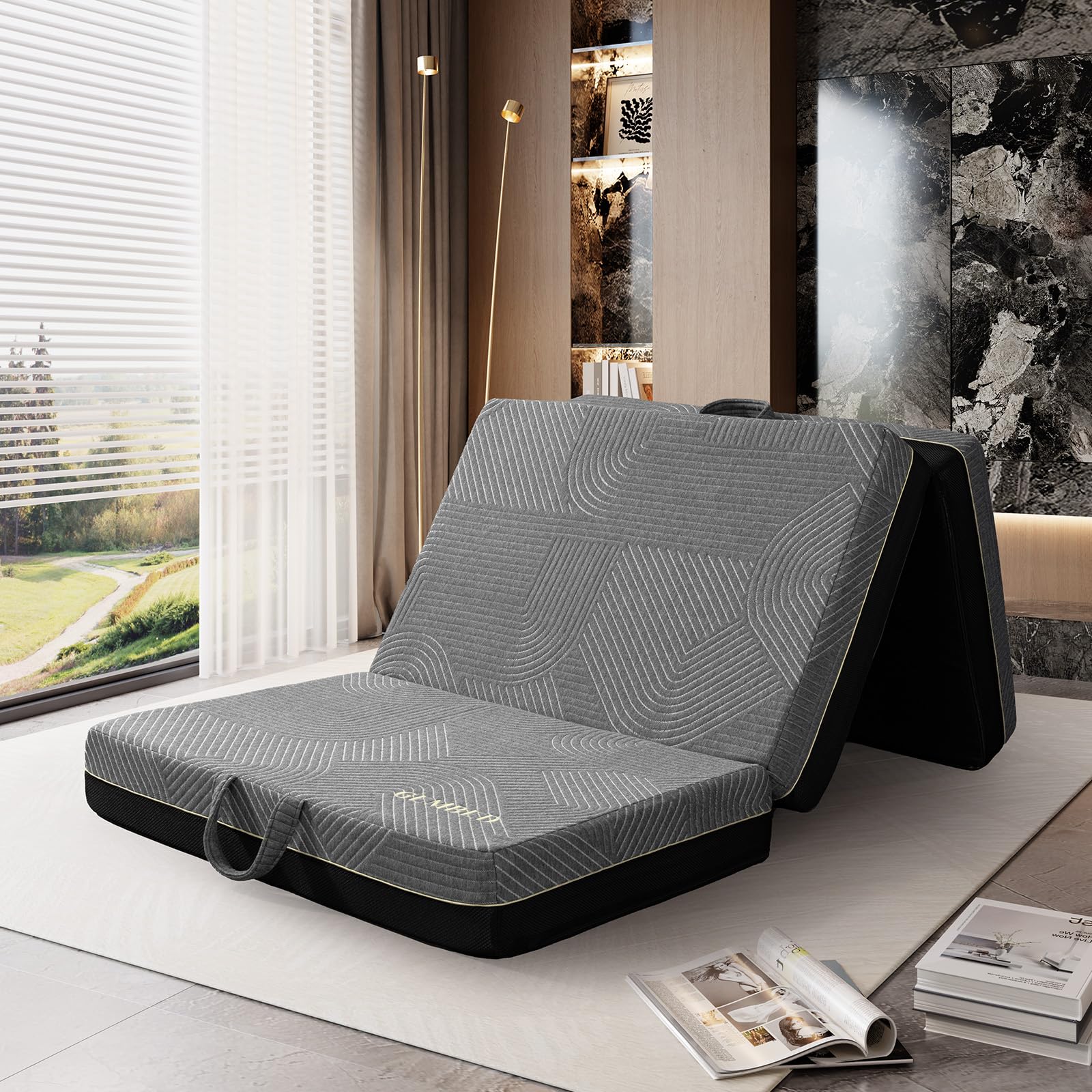 GEMBED Tri Folding Mattress Twin Size - Memory Foam Tri-fold Mattress, Handle & Non-Slip Bottom, Portable Foldable Sofa Bed Floo