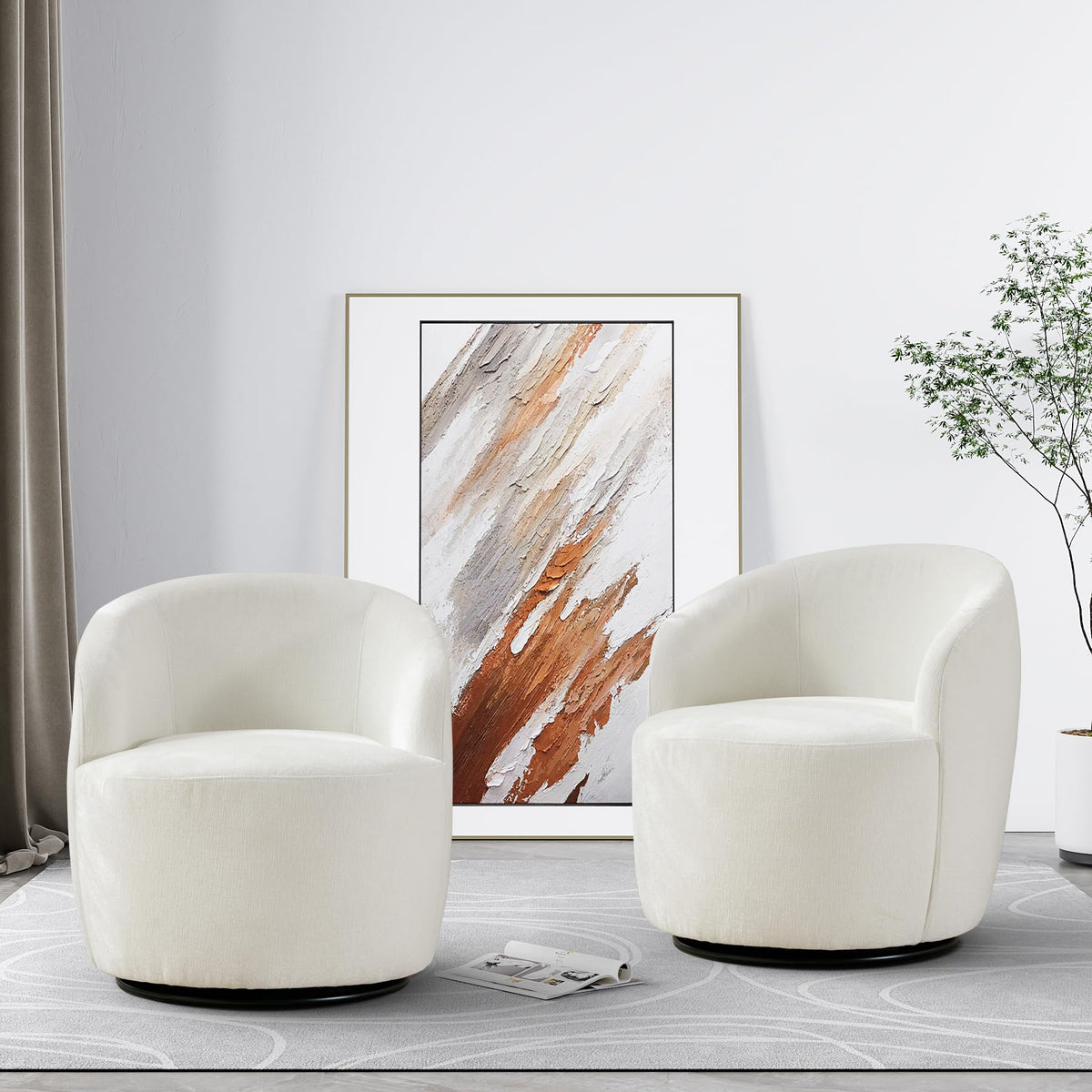 Wrofly Swivel Barrel Chair Set Of 2, 360 Degree Boucle Swivel Accent Chair, Upholstered Chenille Round Armchair, Modern Small Re