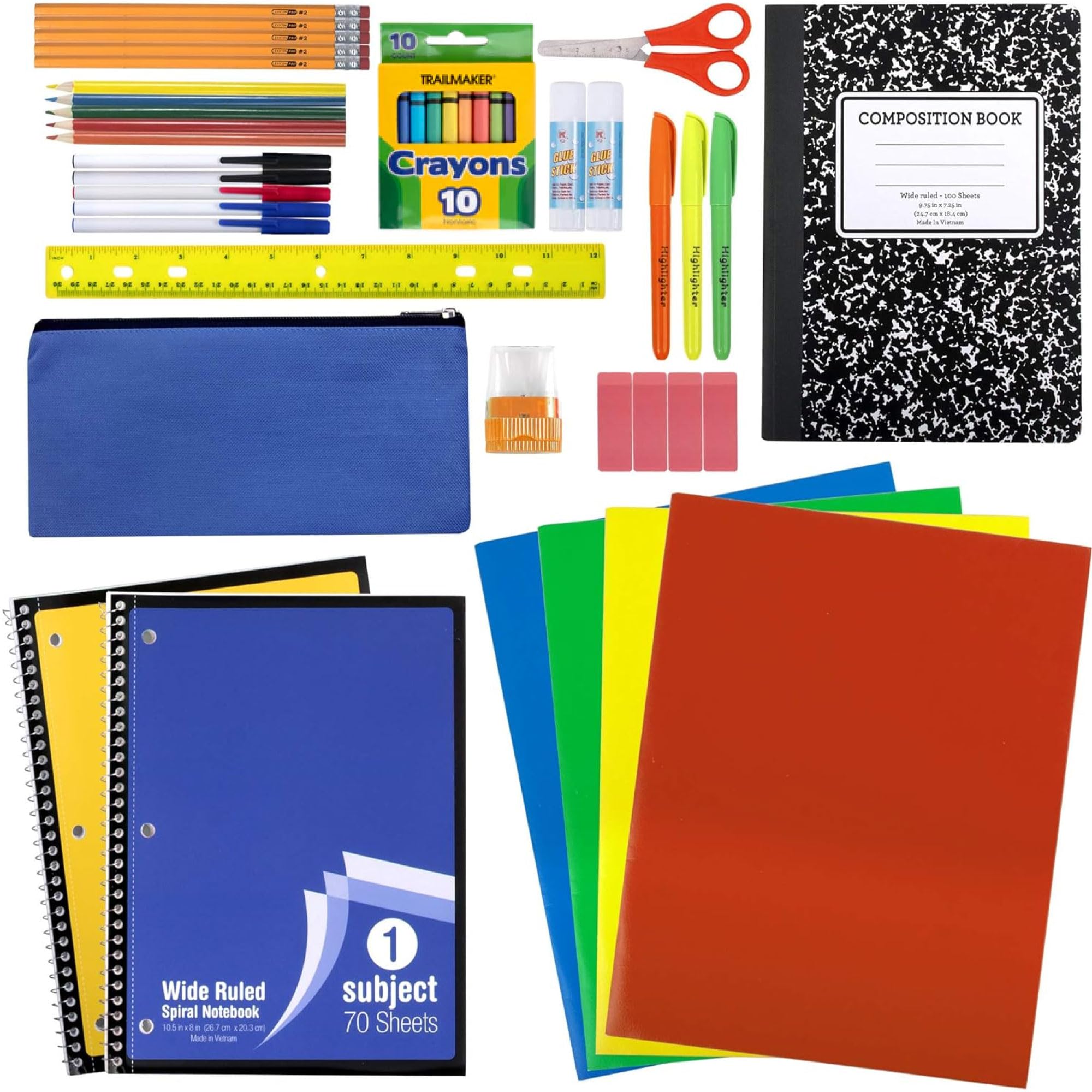 Trail Maker Bulk Elementary School Supply Kits, 12 Packs Of 45 Piece Wholesale School Supplies For Kids Includes Folders Noteboo