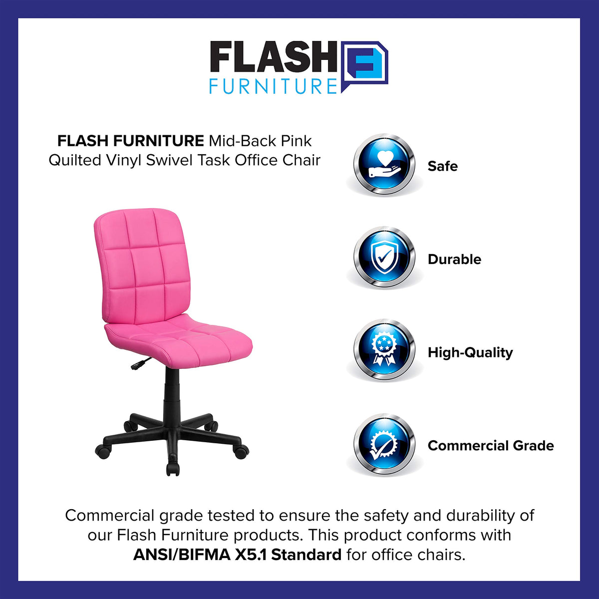 Flash Furniture Clayton Mid-Back Pink Quilted Vinyl Swivel Task Office Chair