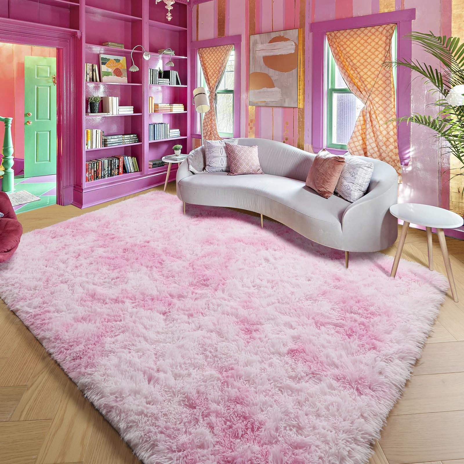 Amdrebio Pink White Rugs for Girls Bedroom, 5x8 Rug, Soft Area Rug for Kids Room, Fuzzy Princess Rug for Playroom, Cute Fluffy R