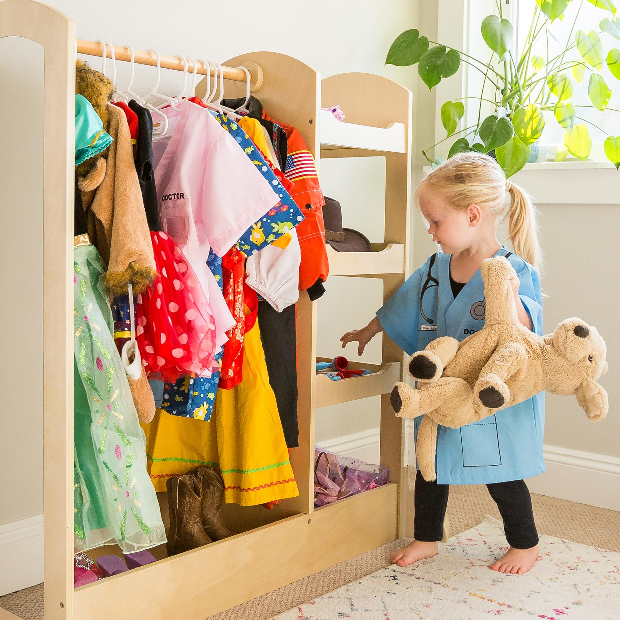 Guidecraft See and Store Dress-up Center - Natural: Armoire for Kids with Mirror & Shelves, Clothes Rack and Shoe Storage Dresse