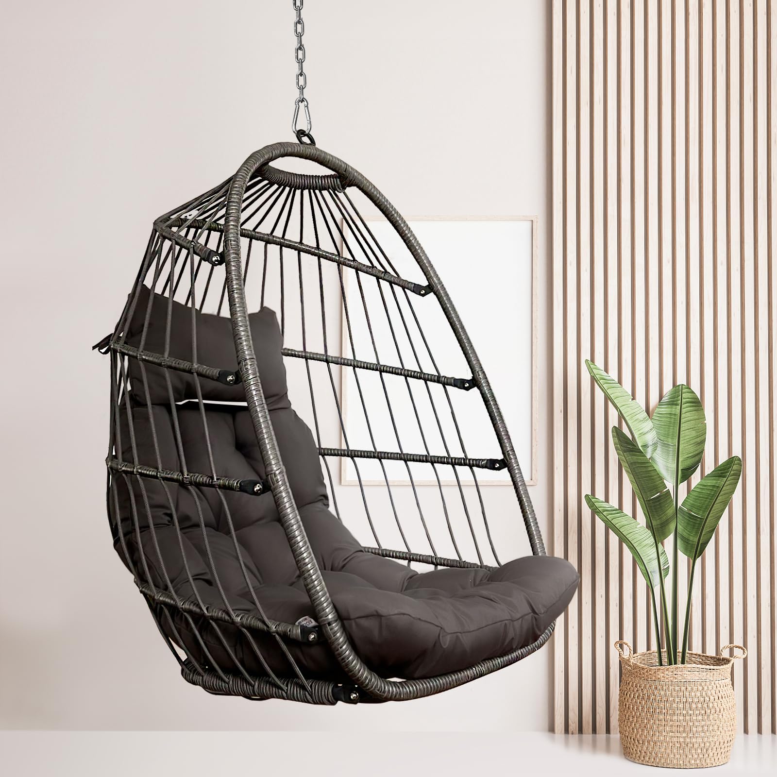 Radiata Foldable Wicker Rattan Hanging Egg Chair Without Stand, Swing Chair With Cushion And Pillow, Lounging Chair, Hammock Chair For Indoor Outdoor Bedroom Patio Garden (Dark Gray Without Stand)