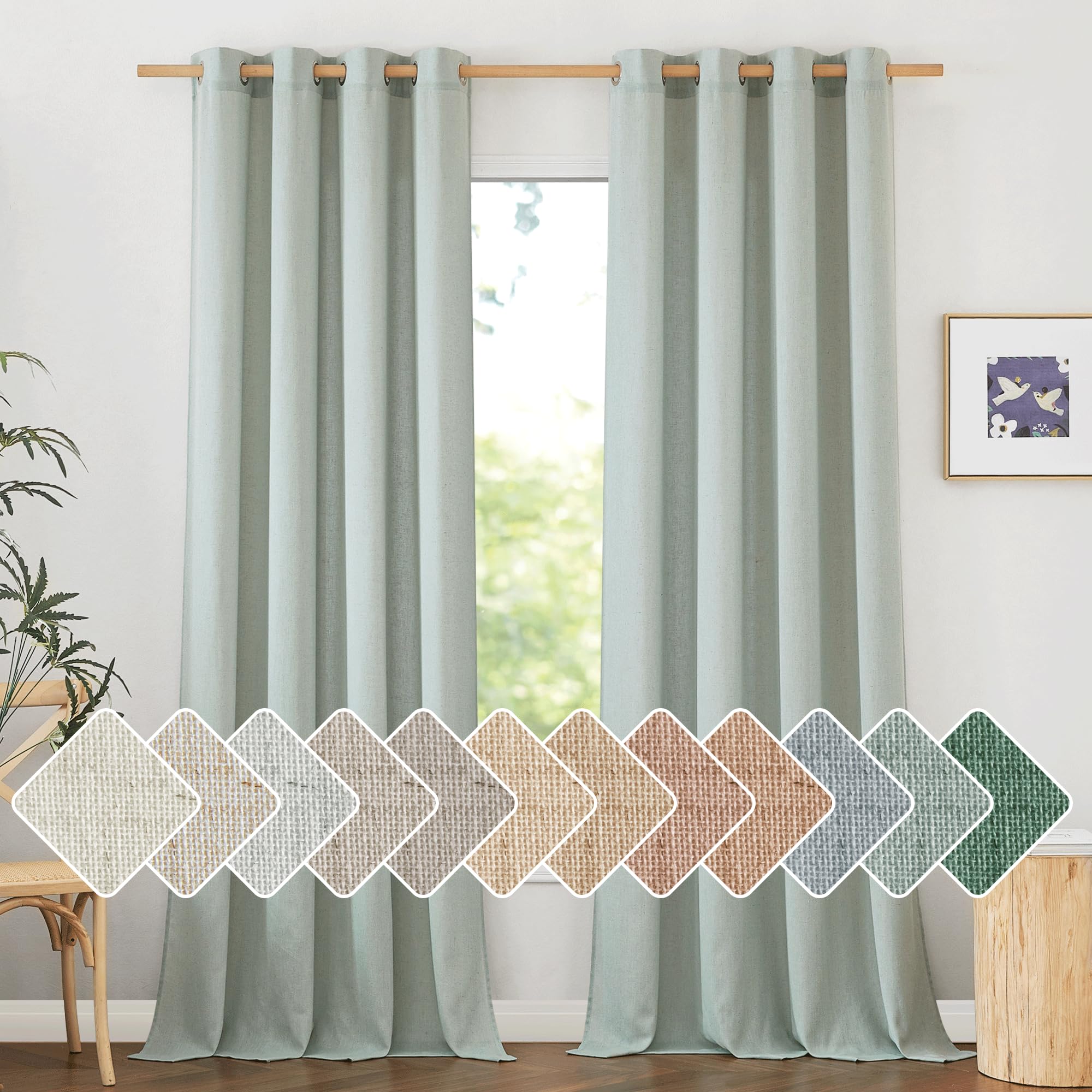 Nicetown Flax Linen Sage Green 108 Inch Curtains, Grommet Thick Linen Blend Textured Privacy Added With Light Filtering Window Treatment For Bedroom/Living Room, W55 X L108, 2 Panels