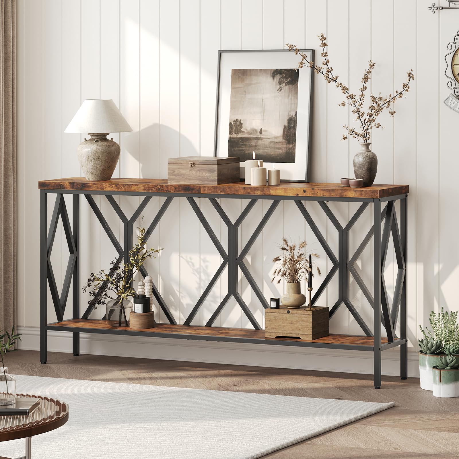 MAHANCRIS 70.9 Extra Long Console Table, Industrial Sofa Table Behind Couch, 2 Tier Narrow Entryway Table with Storage Shelf, 