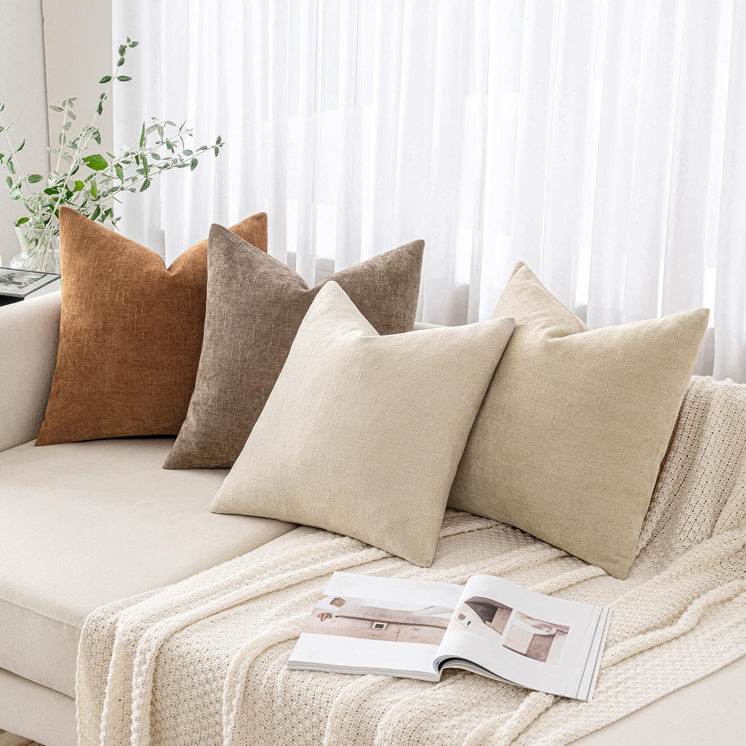 Miulee Pack Of 2 Decorative Throw Pillow Covers Soft Chenille Throw Pillows Solid Textured Cushion Covers For Couch Sofa Bedroom Living Room 18X18 Inch, Beige