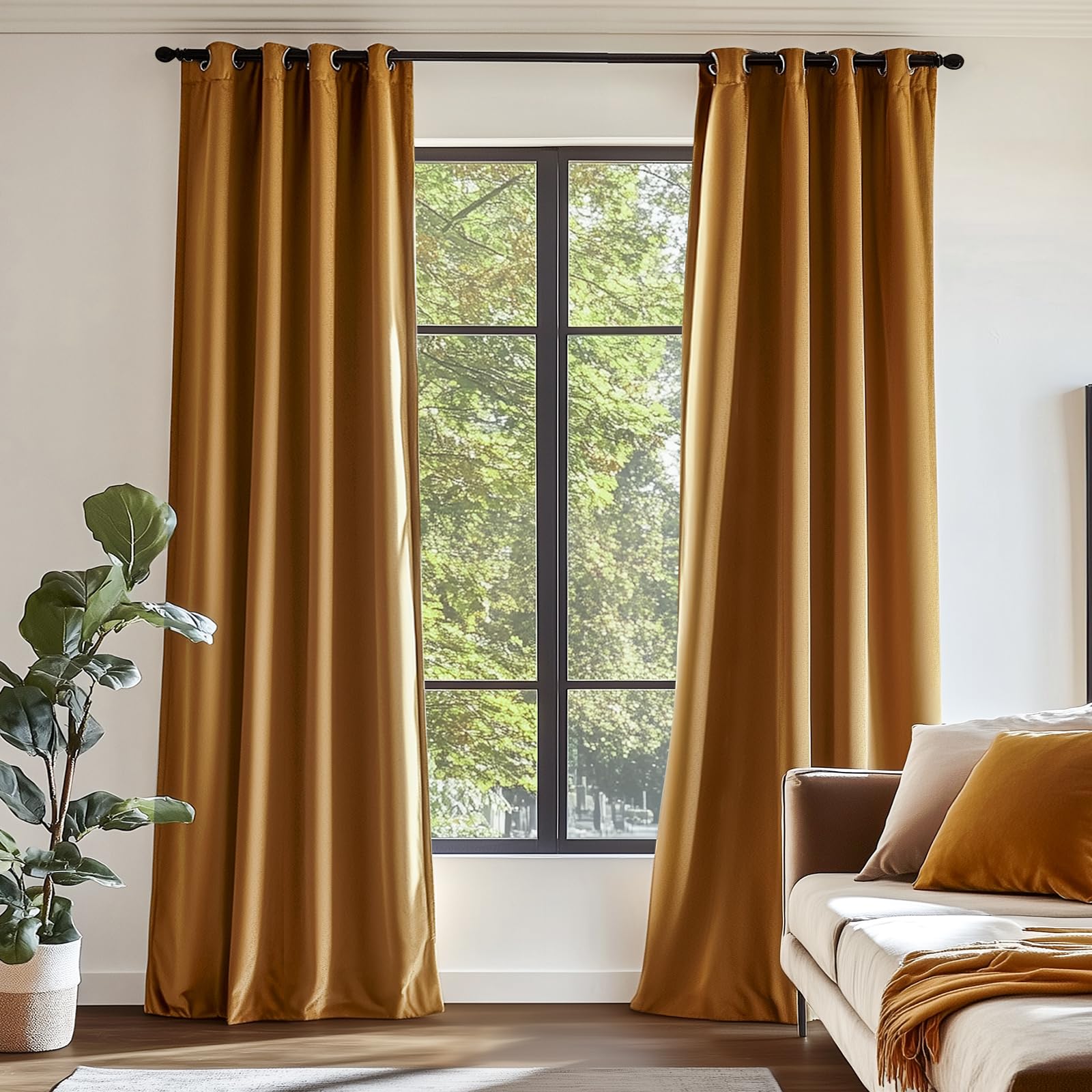 Lazzzy Blackout Velvet Curtains Gold Thermal Insulated Curtains 90 Inch Long Drapes For Bedroom Living Room Darkening Window Treatments Grommet Living Room Curtains Set Of 2 Panels Gold Brown