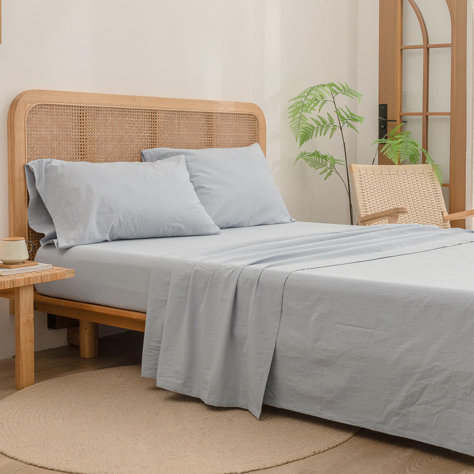 Bestouch Sheet Set 100% Washed Cotton Linen Feel Super Soft Comfortable Chic Lightweight 4 Pcs Home Bedding Set Solid Cornflower