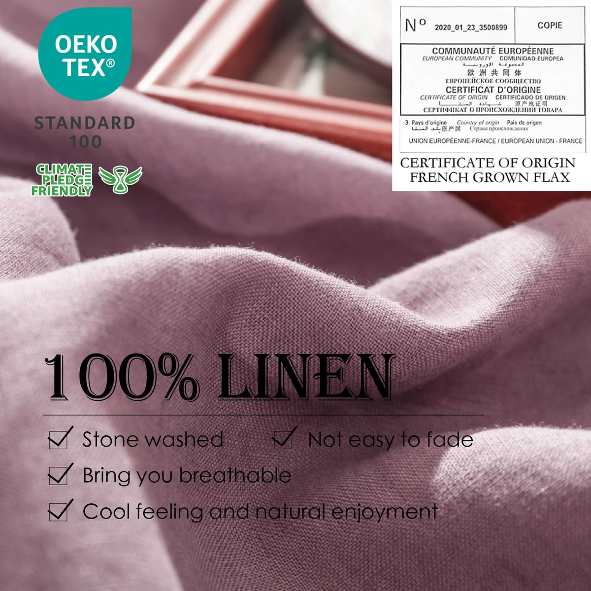 Simple&Opulence 100% Linen Duvet Cover Set 3Pcs Basic Style Natural French Washed Flax Solid Color Soft Breathable Farmhouse Bedding With Button Closure - Purple, King