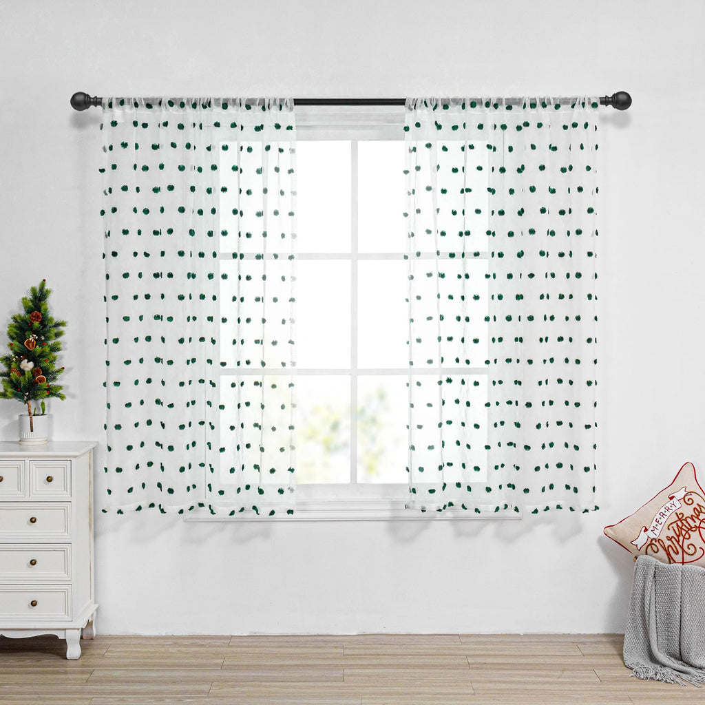 Mysky Home Hunter Green Pom Pom Christmas Curtains For Living Room 63 Inch Long White Sheer Curtains For Kids Bedroom Nursery Playroom 2 Pieces Rod Pocket Farmhouse Window Drapes 52 X 63 Inch