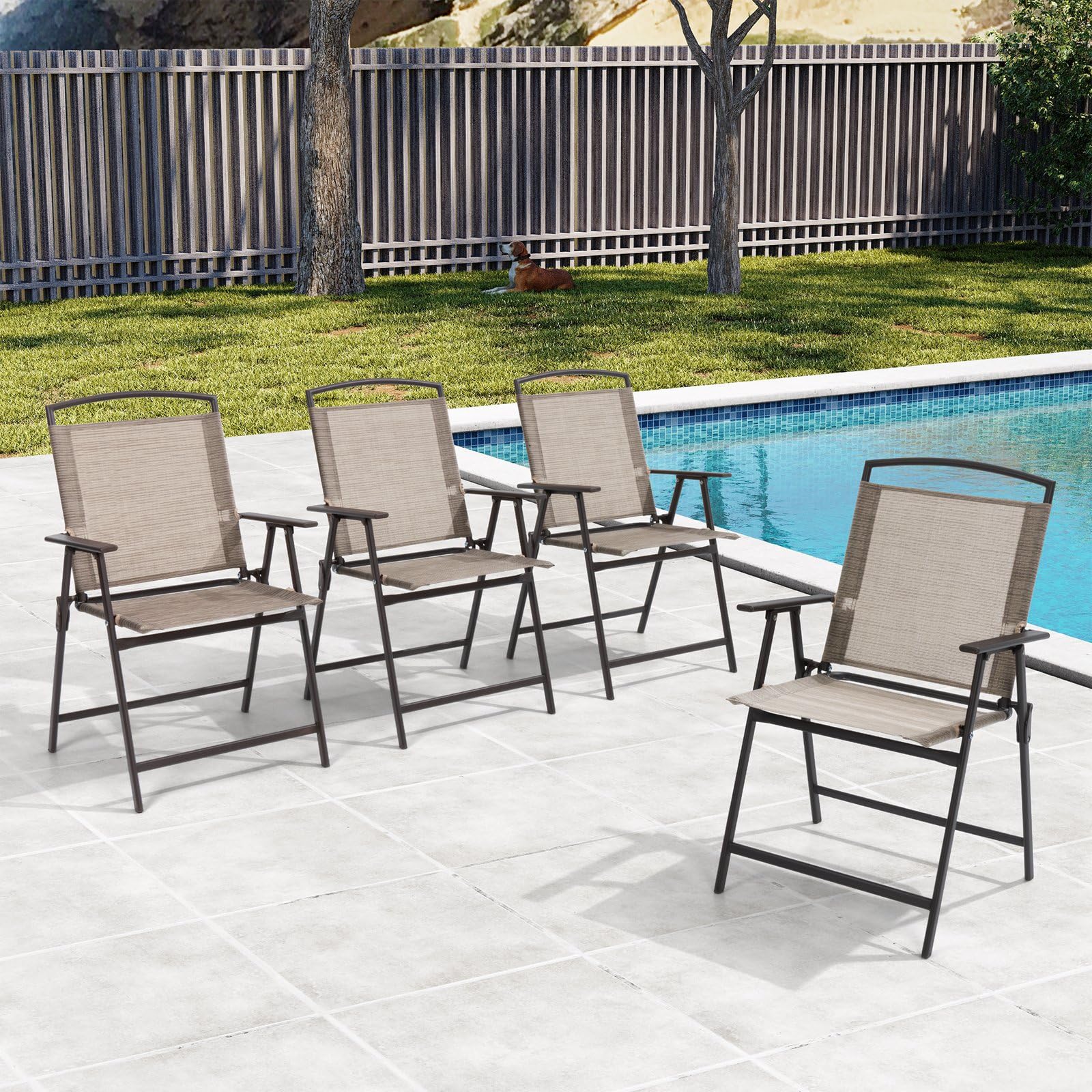 Crestlive Products Set Of 4 Patio Folding Chairs 4-Pack Dining Chairs Outdoor Portable Sling With Armrest For Camping, Beach, Garden, Pool, Backyard, Deck (Beige)