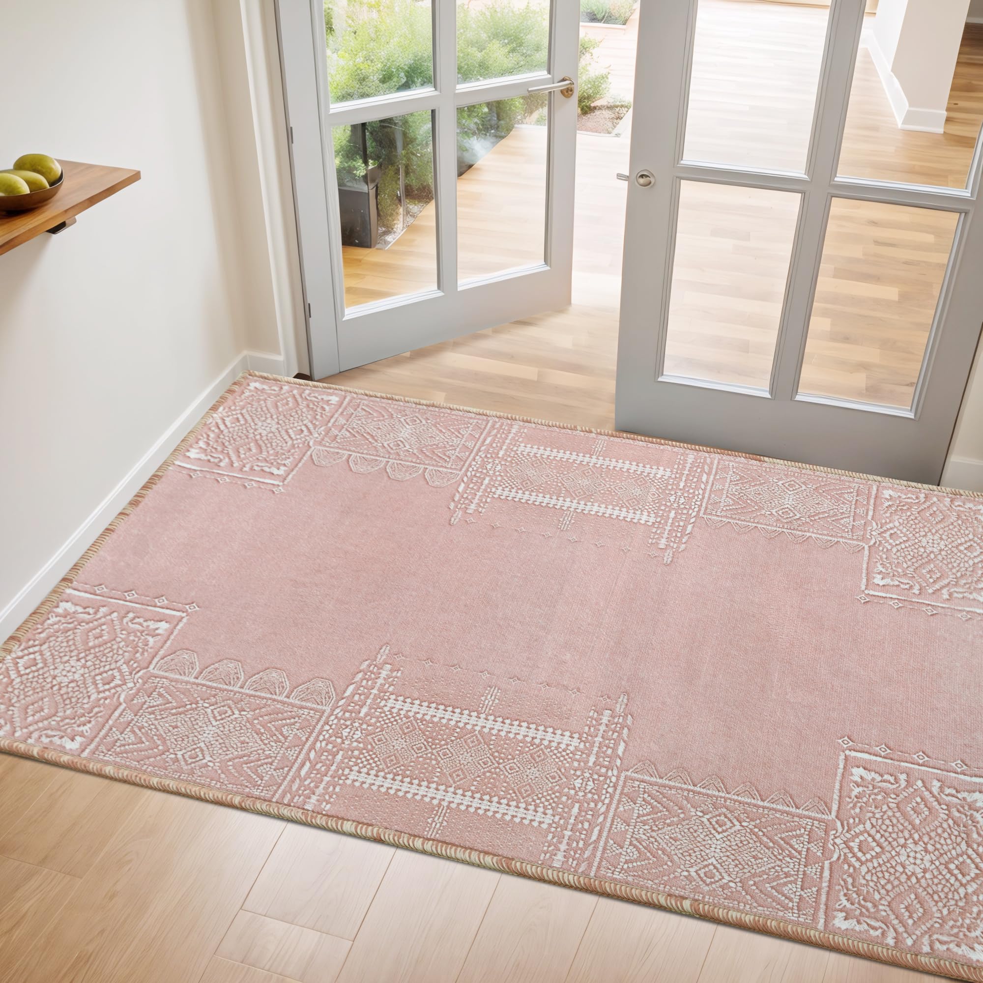 NICETOWN Light Pink Rug for Entrance Washable Vintage Area Rug - 2x3 Boho Light Pink Non-Slip Entryway Rug Oriental Medallion Li