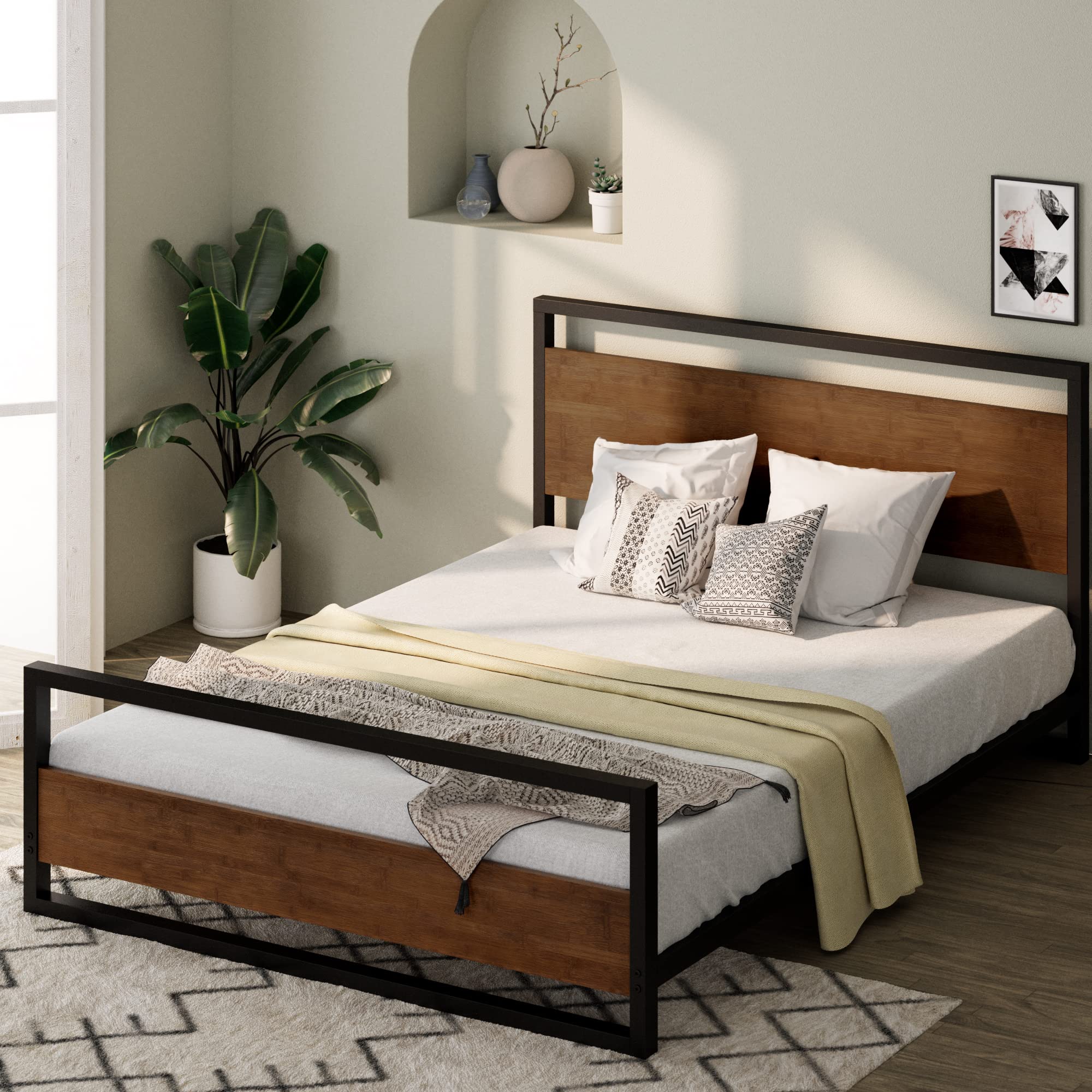 ZINUS Suzanne Bamboo and Metal Platform Bed Frame with Footboard, Wood Slat Support, No Box Spring Needed, Easy Assembly, Queen