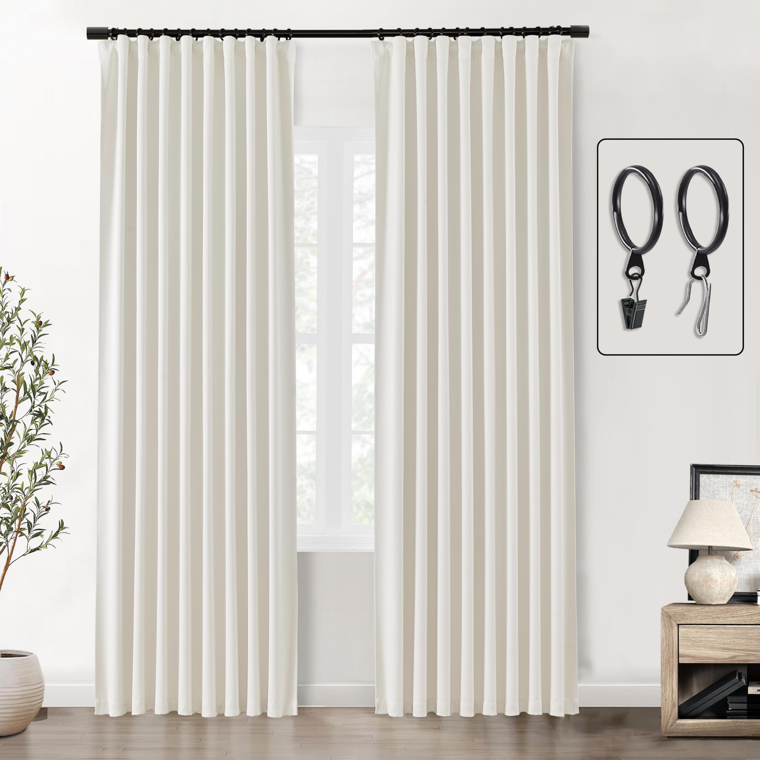 Blackout Curtains 96 Inches Long 2 Panel Set For Living Room,Black Out Room Darkening Thermal Pleated Back Tab Hooks Rings Pleat