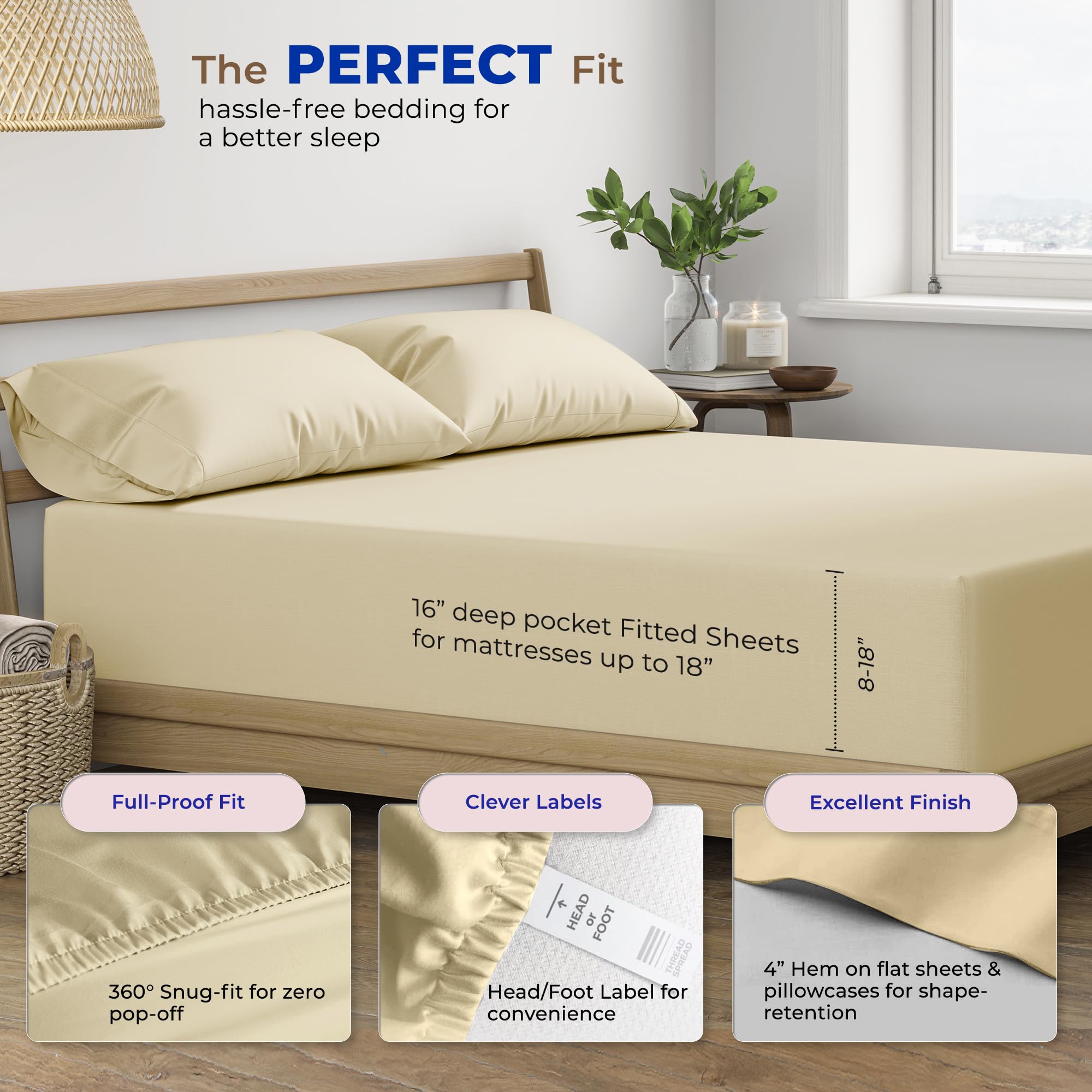 Thread Spread 600 Thread Count Sheets Queen - 100% Egyptian Cotton Sheets Queen Size, 4 Pc Luxury Sheets Queen Size, Soft, Sateen Cooling, Extra Long Staple 16' Deep Pocket Queen Bed Sheet Set - Sand