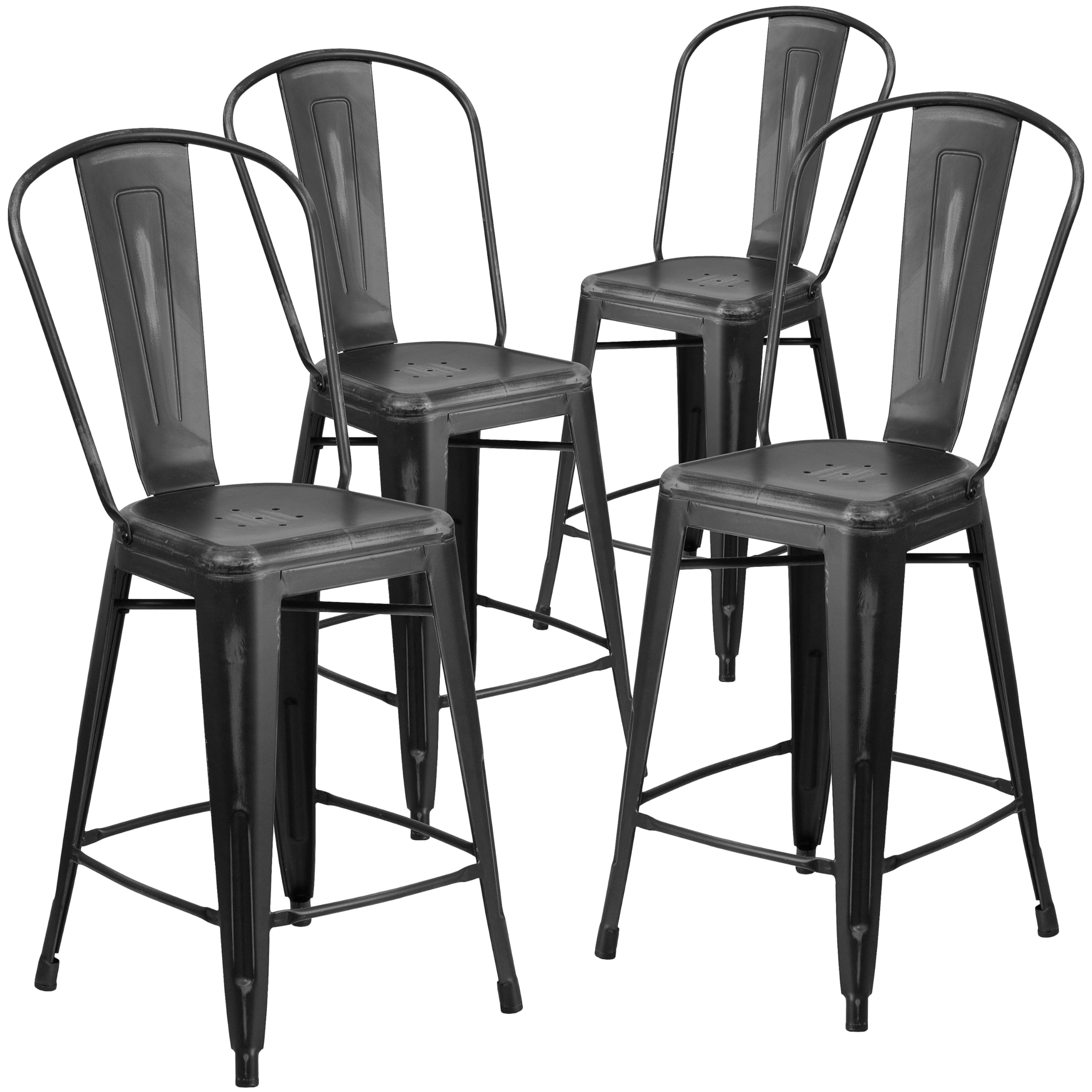 4 Pk. 24 High Distressed Black Metal Indoor Counter Height Stool with Back