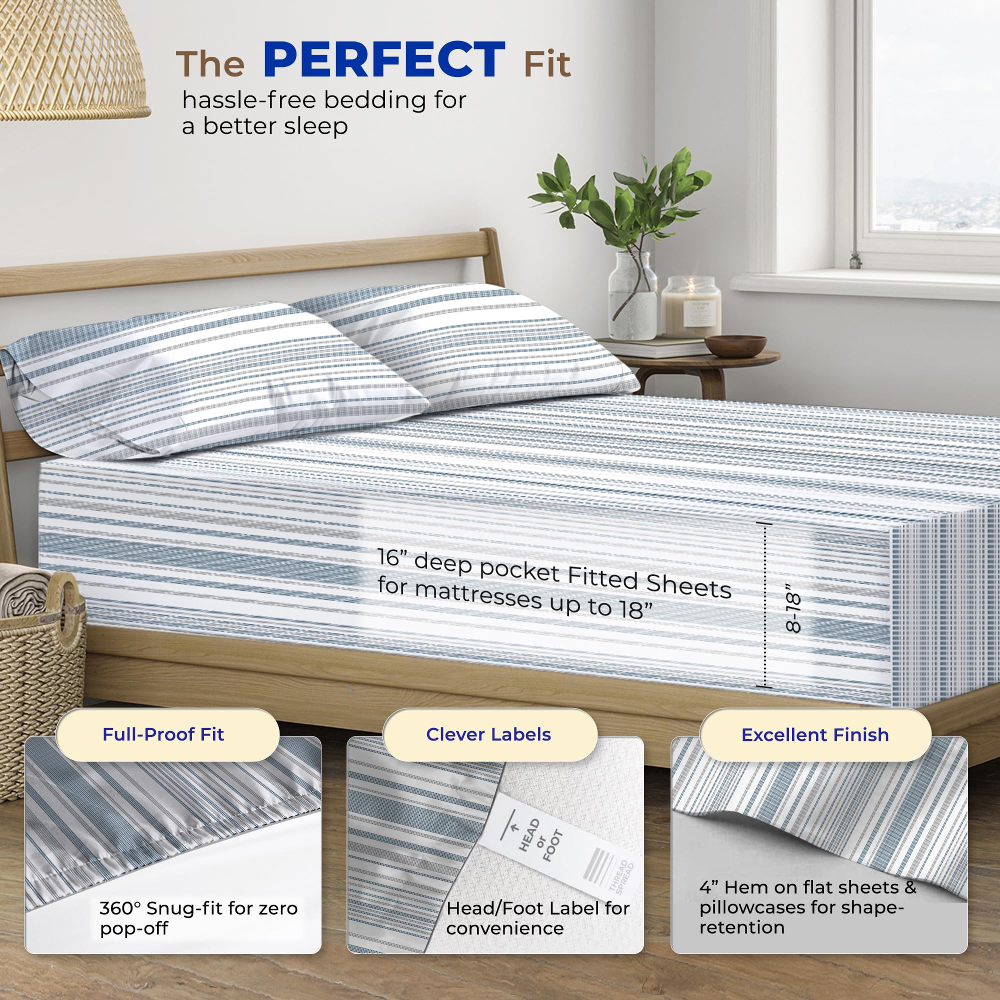 Thread Spread 100% Egyptian Cotton Printed Bed Sheets - 600 Thread Count 4 Pc Full Sheet Set, Hotel Luxury Sateen Bedsheets, 16' Deep Pocket Soft Cooling Sheets For Full Size Bed - Dotted Stripe
