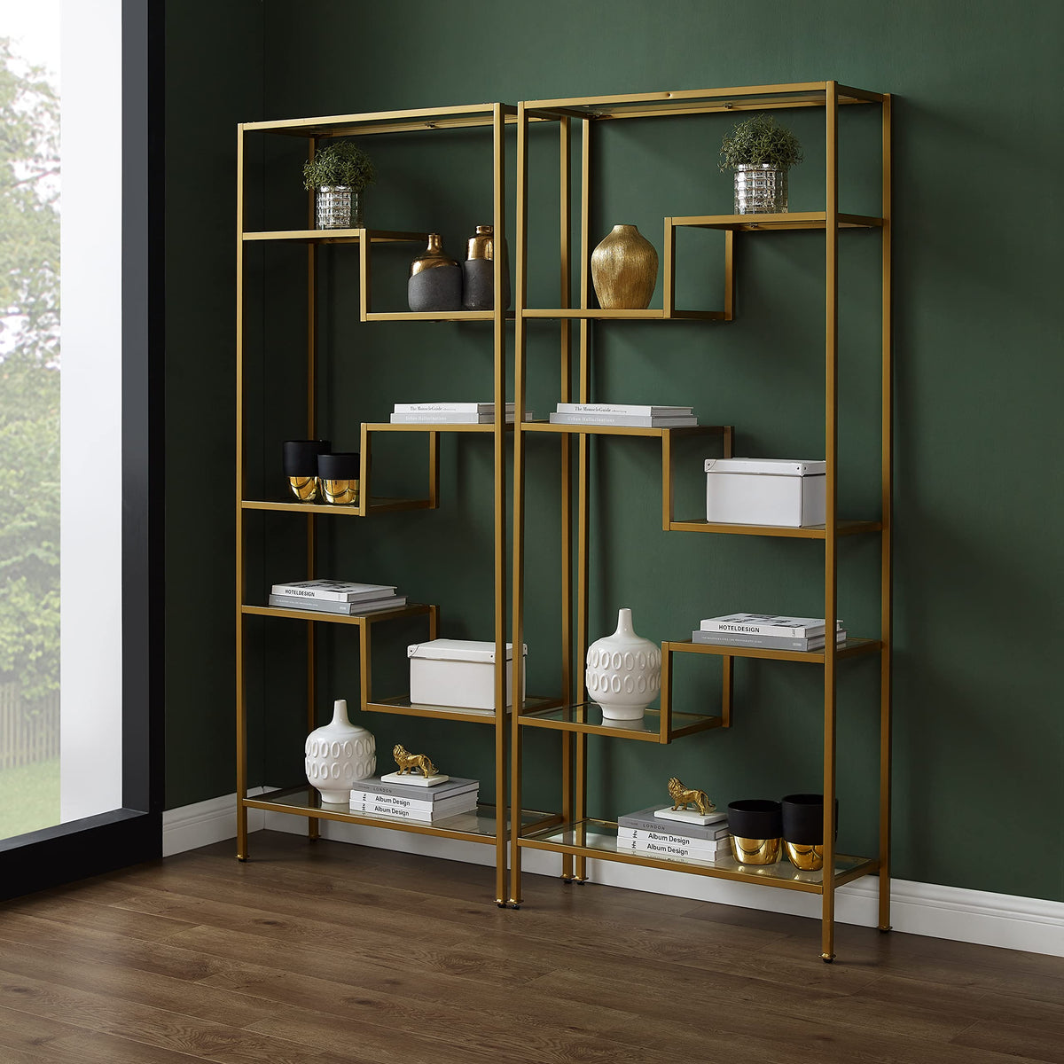 Crosley Furniture Sloane 2-Piece Bookshelf Set with Glass Shelves, Bookcase Storage, Gold
