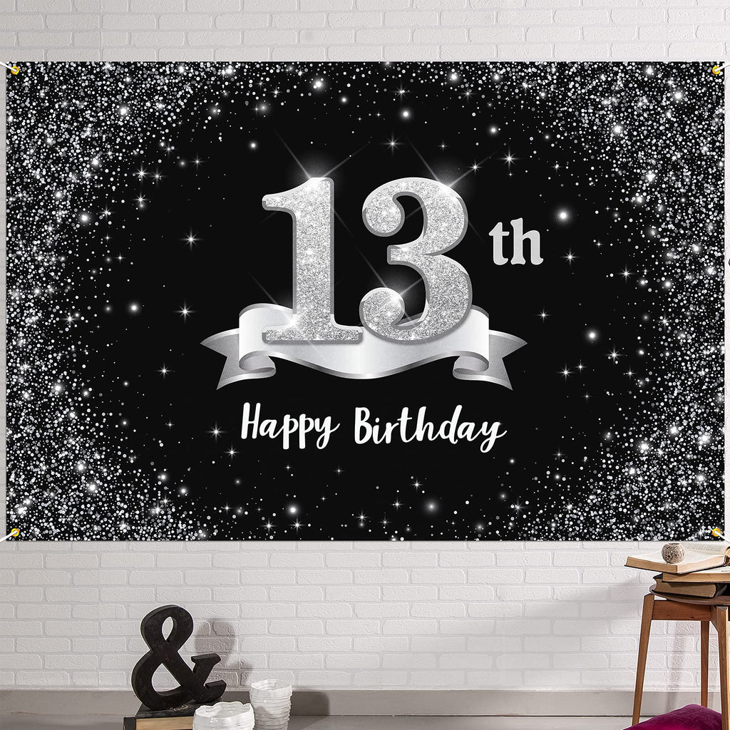 HAMIGAR 6x4ft Happy 17th Birthday Banner Backdrop - 17 Years Old Birthday Decorations Party Supplies for Girls Boys - Black Silv