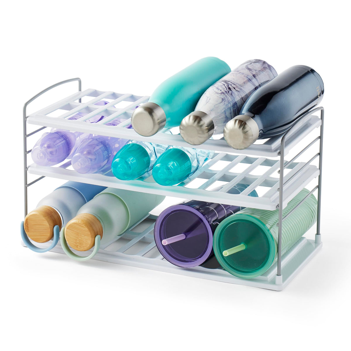 YouCopia UpSpace Water Bottle and Travel Mug Cabinet Organizer, Adjustable Storage Rack for Kitchen Organization, 3-Shelf Wide