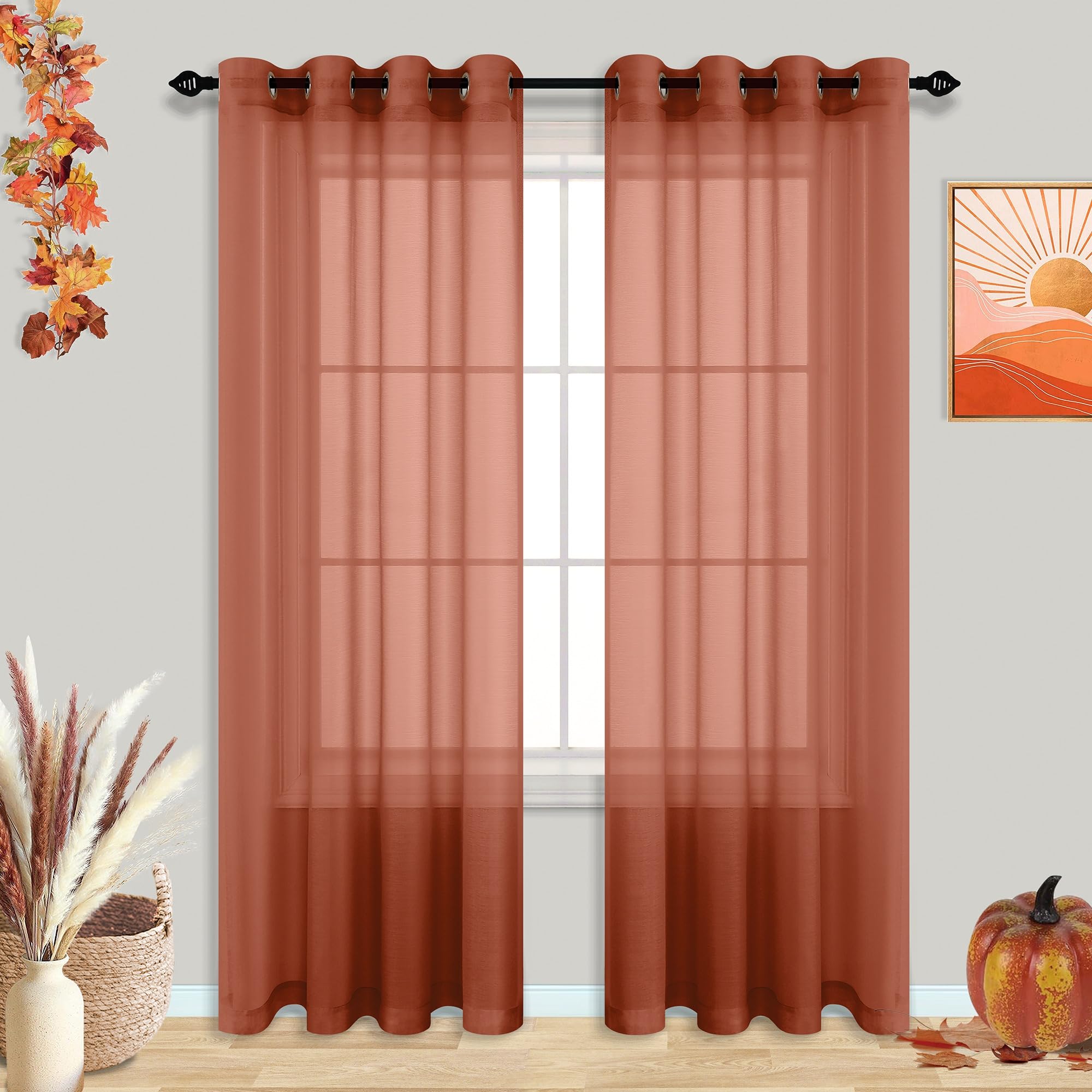 Terracotta Sheer Curtains 84 Inches Long for Living Room Bedroom Grommet Boho Airy See Through Faux Linen Bohemian Ochre Rust Ta