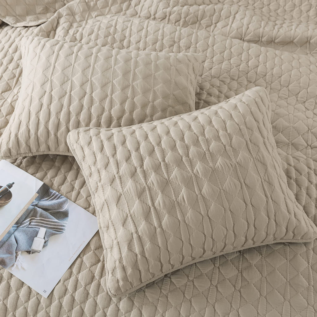Beige Quilt King Size Bedding Sets With Pillow Shams, Lightweight Soft Bedspread Coverlet, Quilted Blanket Thin Comforter Bed Co