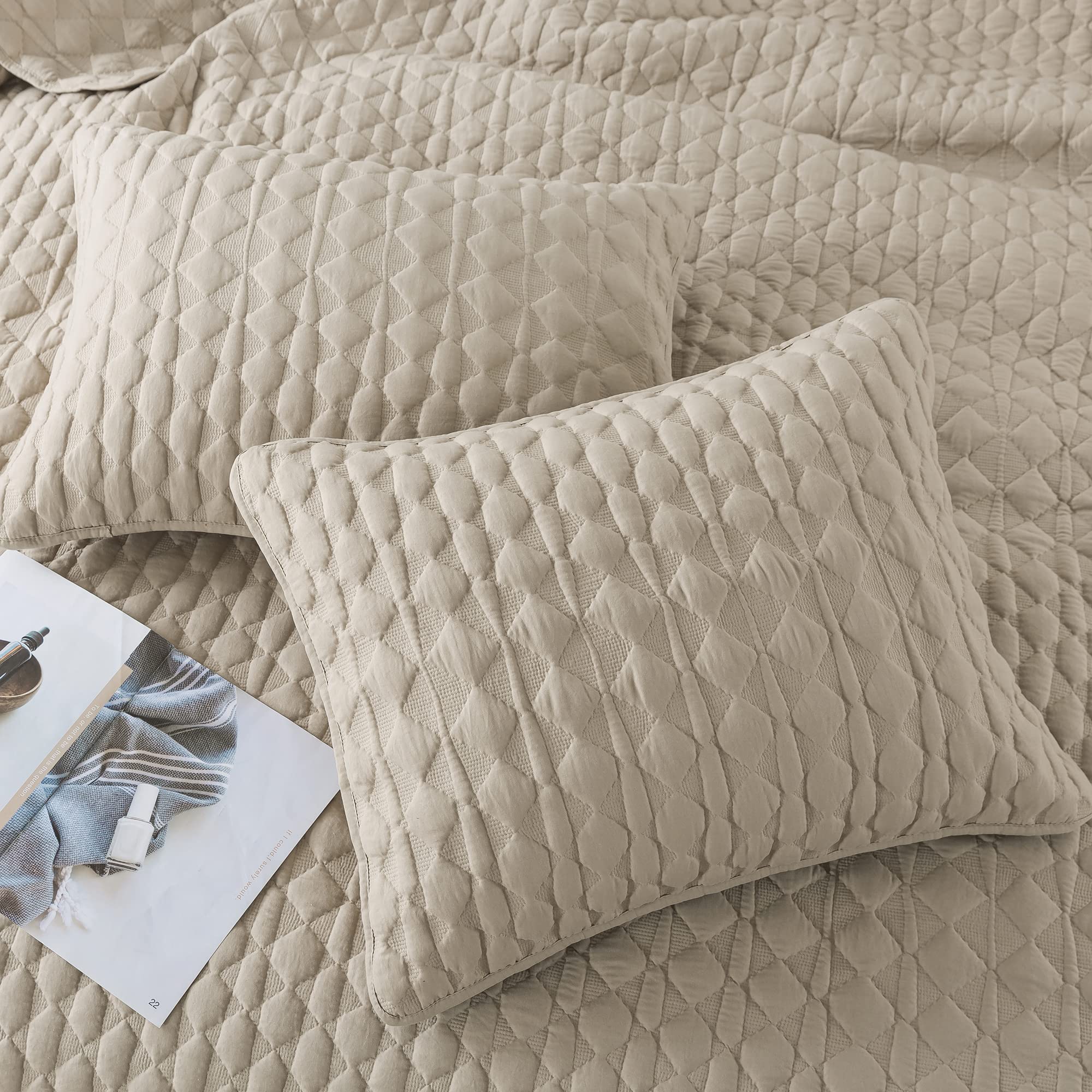 Beige Quilt King Size Bedding Sets With Pillow Shams, Lightweight Soft Bedspread Coverlet, Quilted Blanket Thin Comforter Bed Co