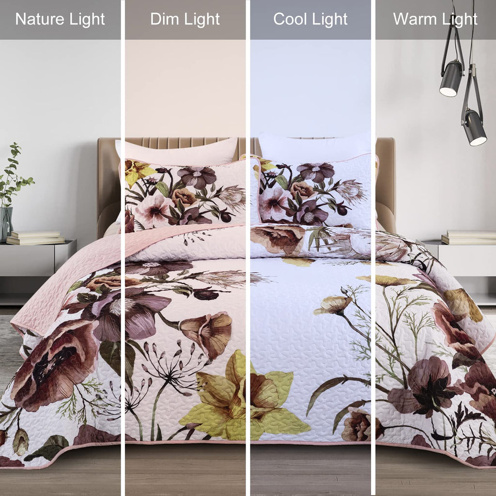 Drucon Floral Quilt Set King 3 Pieces Boho Blush Quilt Coverlet Set Soft Microfiber Lightweight Colorful Floral Quilted Bedsprea