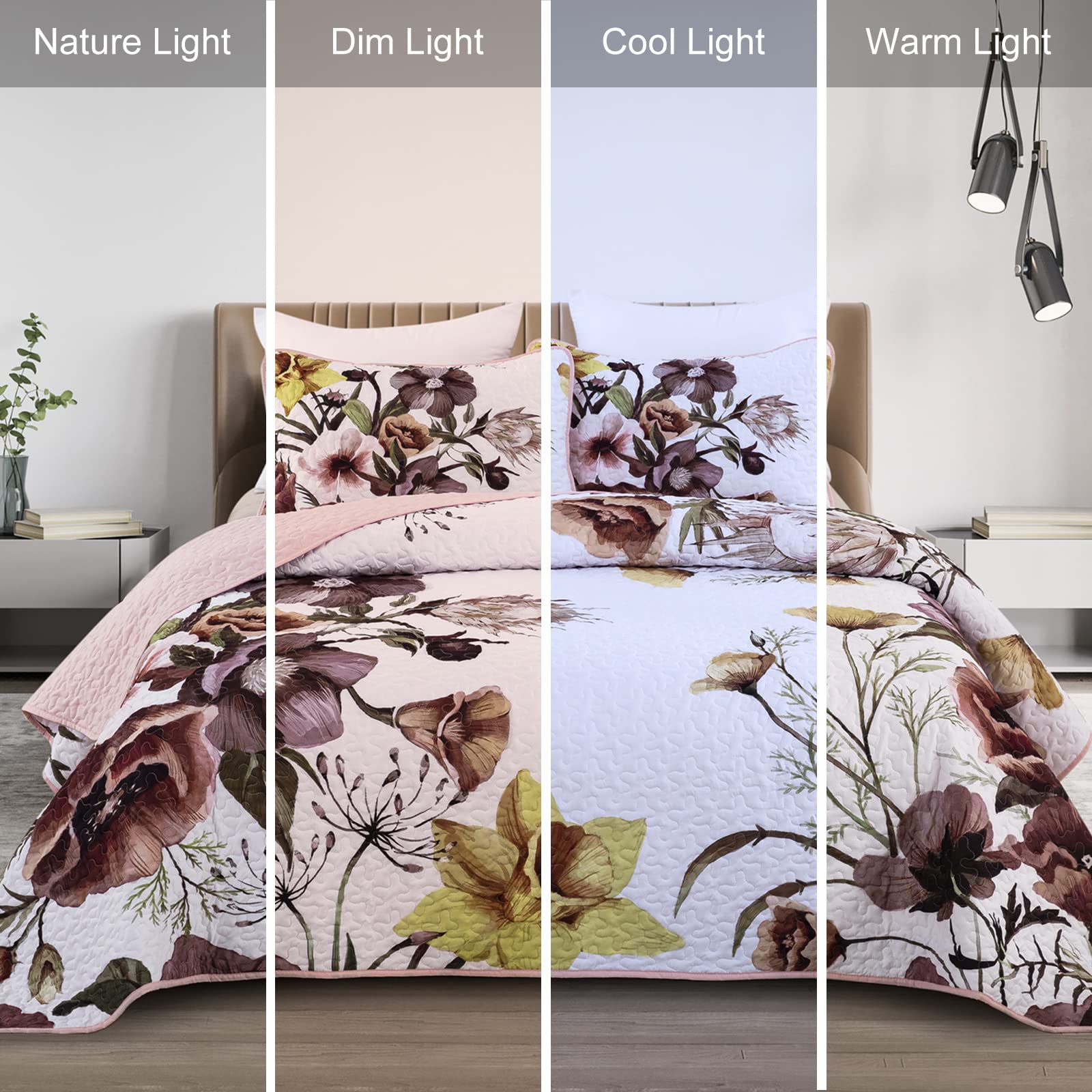 Drucon Floral Quilt Set King 3 Pieces Boho Blush Quilt Coverlet Set Soft Microfiber Lightweight Colorful Floral Quilted Bedsprea