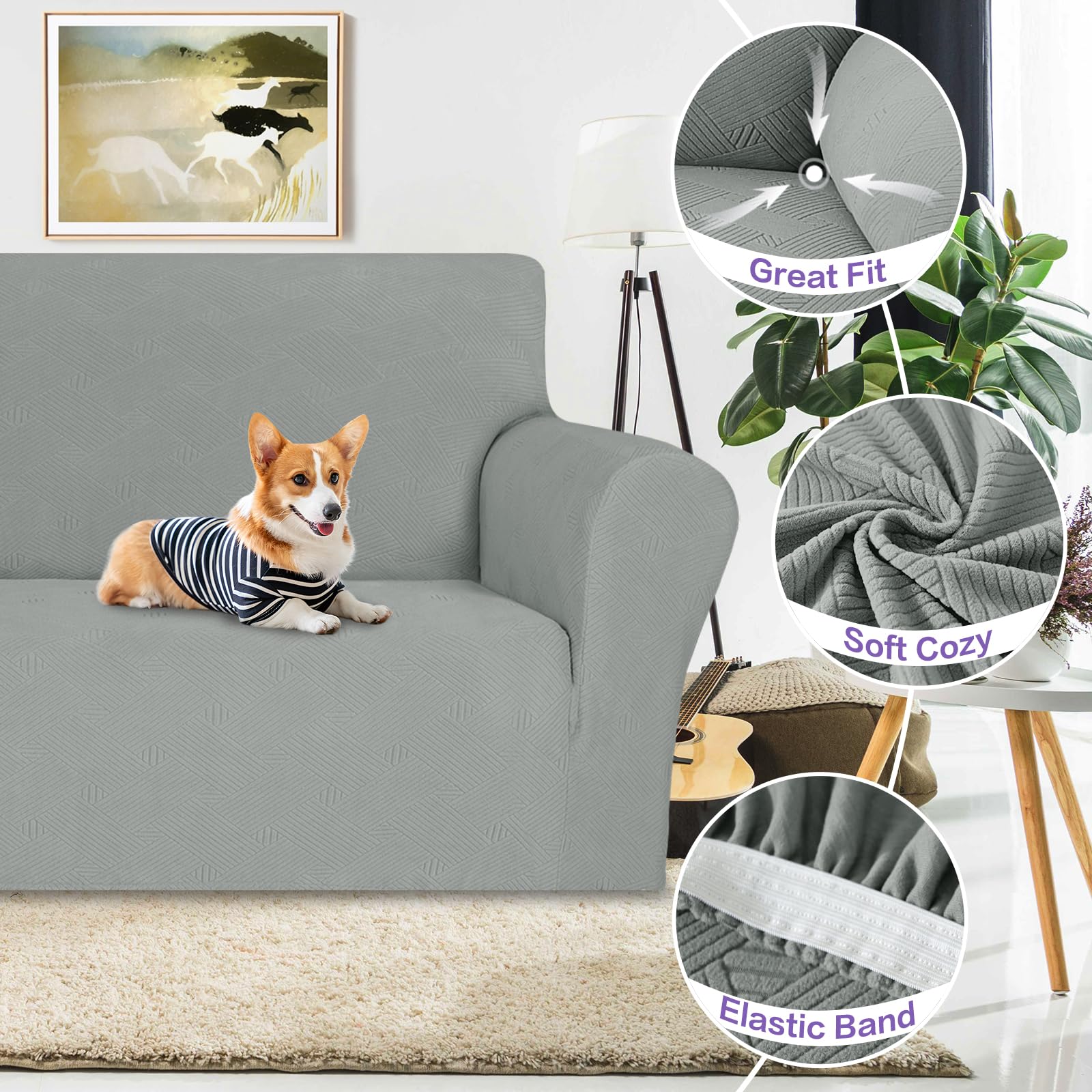Znsayotx Super Stretch Loveseat Covers (55'-69'), New Striped Love Seat Slipcover, Dogs Pet Friendly Anti-Slip Couch Protector Spandex Durable 2 Seater Fabric Sofa Cover(Light Grey, Loveseat)