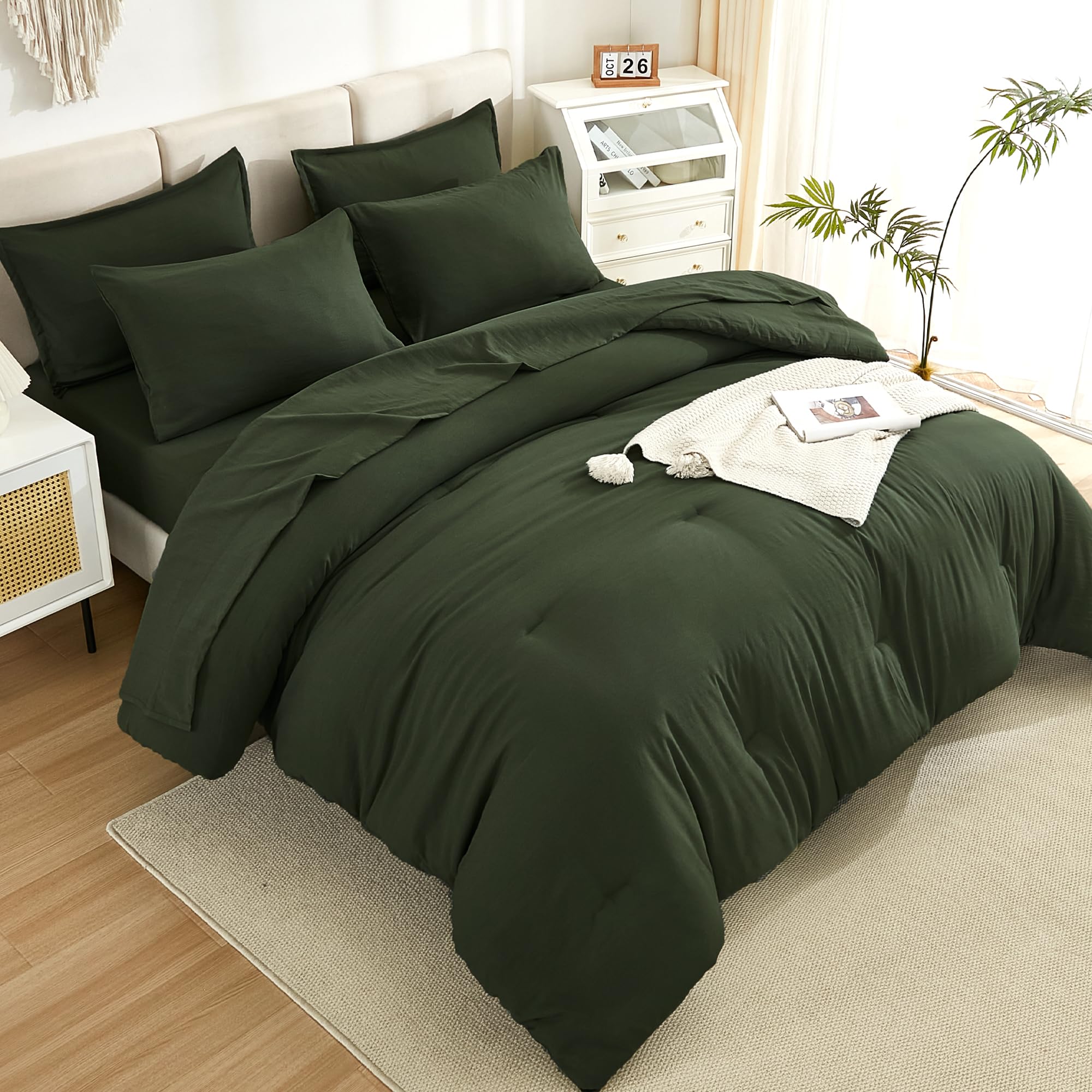 Litanika Comforter Full Size Set Olive Green - 7 Pieces Bed In A Bag Full Beddding Comforter Sets, Plain Lightweight Bed Set Wit