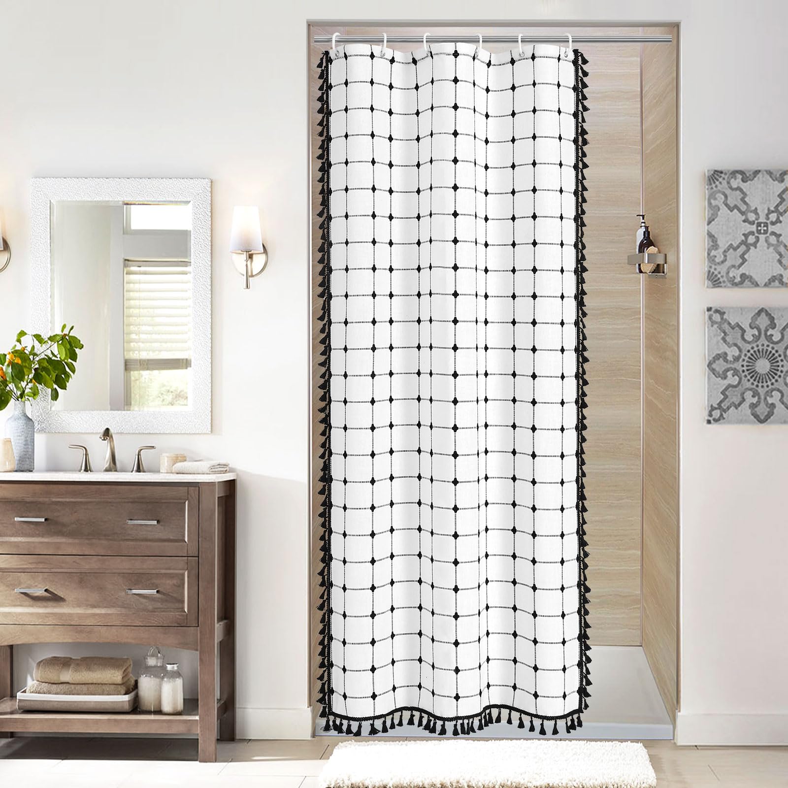 MitoVilla 36 x 72 Small Stall Boho Shower Curtain Set, White Black Narrow Cotton Linen Fabric Shower Curtains for Farmhouse Bath