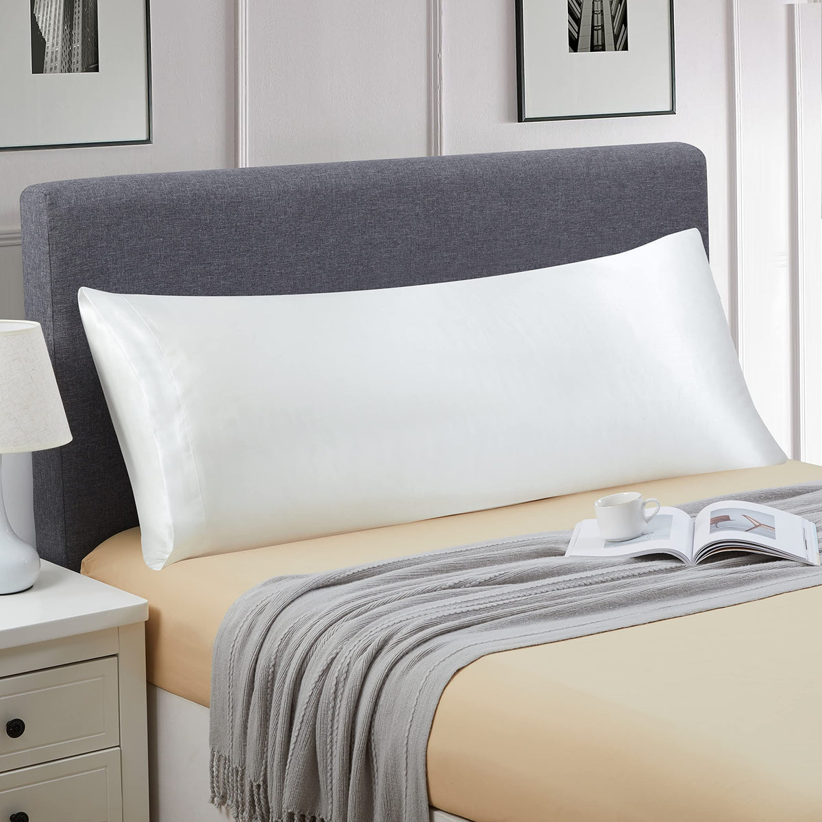 Ersmak Satin Body Pillow Cover, 20X54 Inches Ivory White Ultra Soft Satin Body Pillow Case For Hair And Skin, Silky Slip Cooling