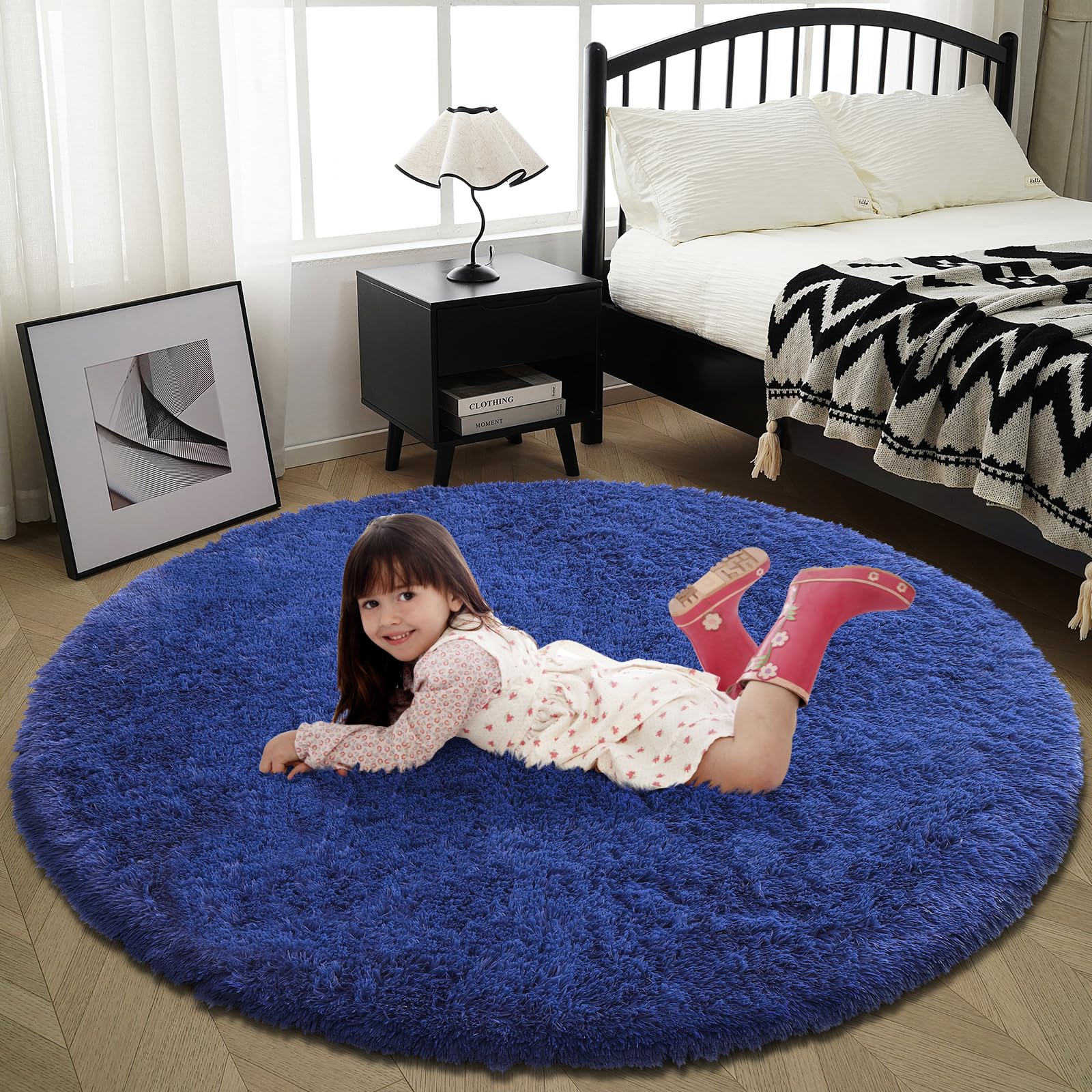 Blue Fluffy Round Rug,Soft Area Rugs for Girls Room,Shaggy Rugs 4X4 for Living Room,Non Slip Circle Rug for Kids Bedroom,Shag 