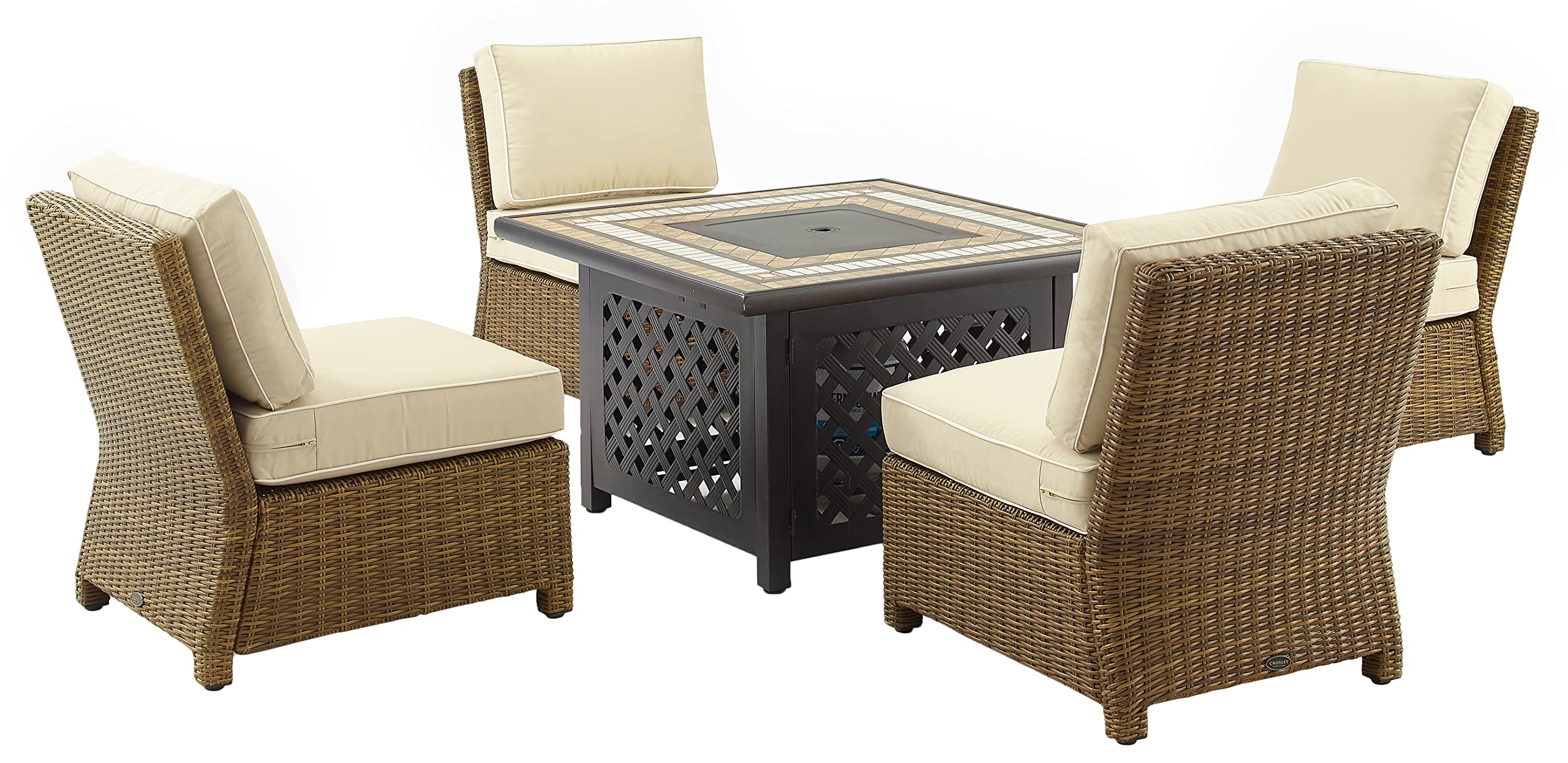 Crosley Furniture Bradenton 5-Piece Wicker Outdoor Chair Patio Furniture Set with Propane Gas Fire Pit Table, Brown with Sand Cushions