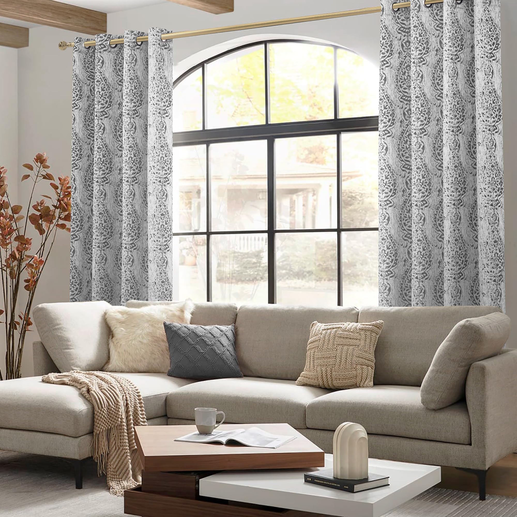 Mrs.Naturall Textured Curtains 96 Inches Long For Living Room Matching Area Rugs Set Grey Floral Pattern Floor Length European Embroidery Curtains For Bedroom Sliding Patio Door 2 Panels,Light Gray