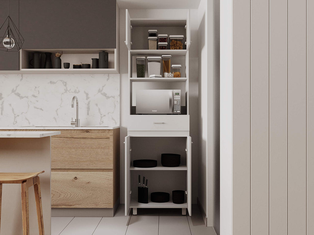 Mucura Microwave Cabinet with Drawer, 2 Double Doors, Open Shelf, and 4 Shelves, White