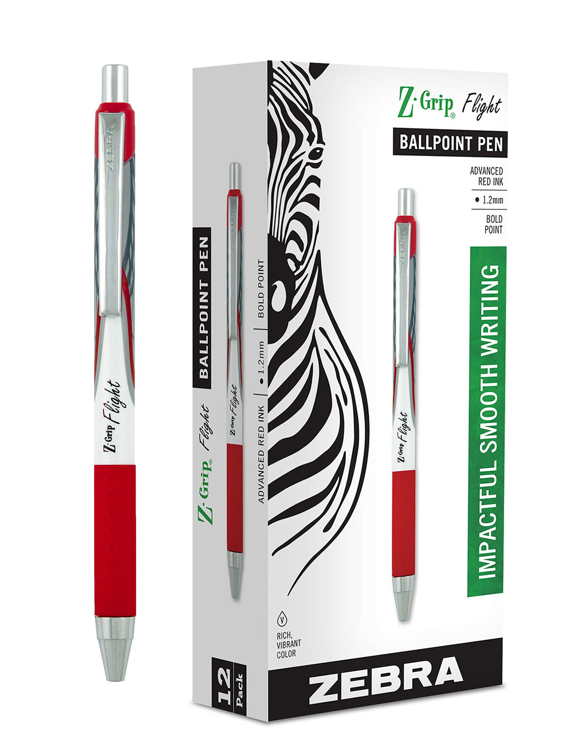 Zebra Pen Z-Grip Flight Retractable Ballpoint Pen, Bold Point, 1.2Mm, Red Ink, 12-Count
