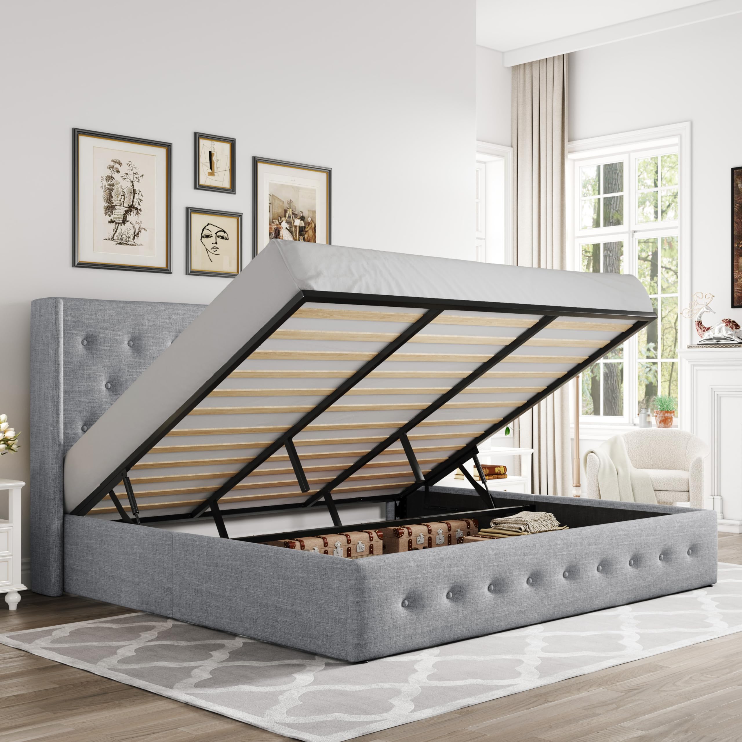 Allewie King Size Lift Up Storage Bed, Button Tufted Headboard With Wingback, Hydraulic Support, No Box Spring Needed, Light Grey