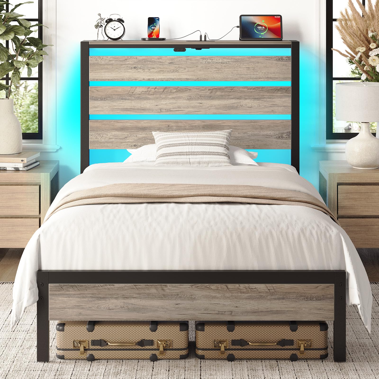 Rolanstar Twin Bed Frame with LED Lights and Charging Station, Wood Storage Headboard and Under Bed Storage, Metal Platform Bed,