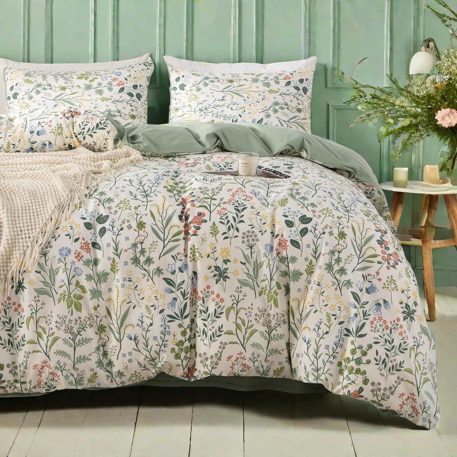Mixinni Flower Duvet Cover Twin Xl Size, Sage Green Floral Duvet Cover Soft Cotton Cute Wildflower Green Leaves Print Cotton Bed