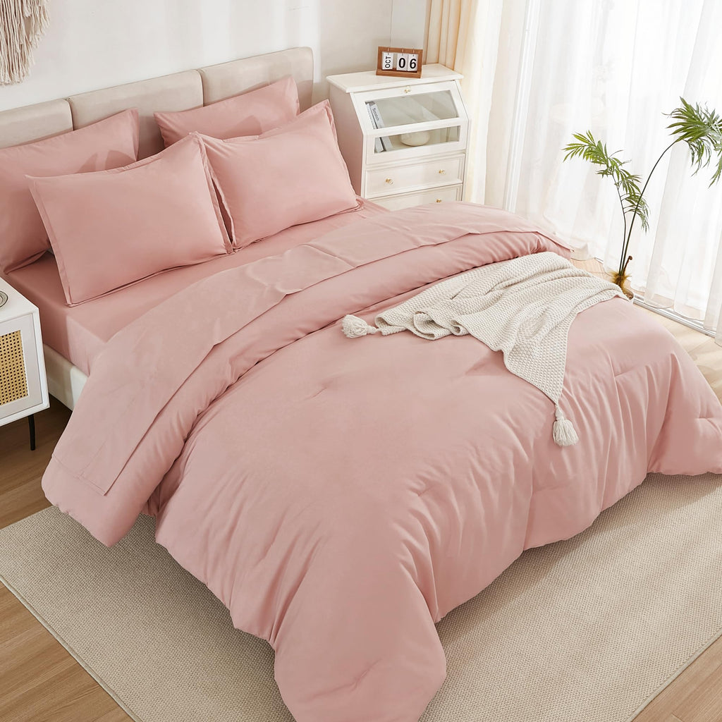 Litanika Comforter Queen Size Set Blush Pink - 7 Pieces Bed In A Bag Queen Beddding Comforter Sets, Plain Lightweight Bed Set Wi