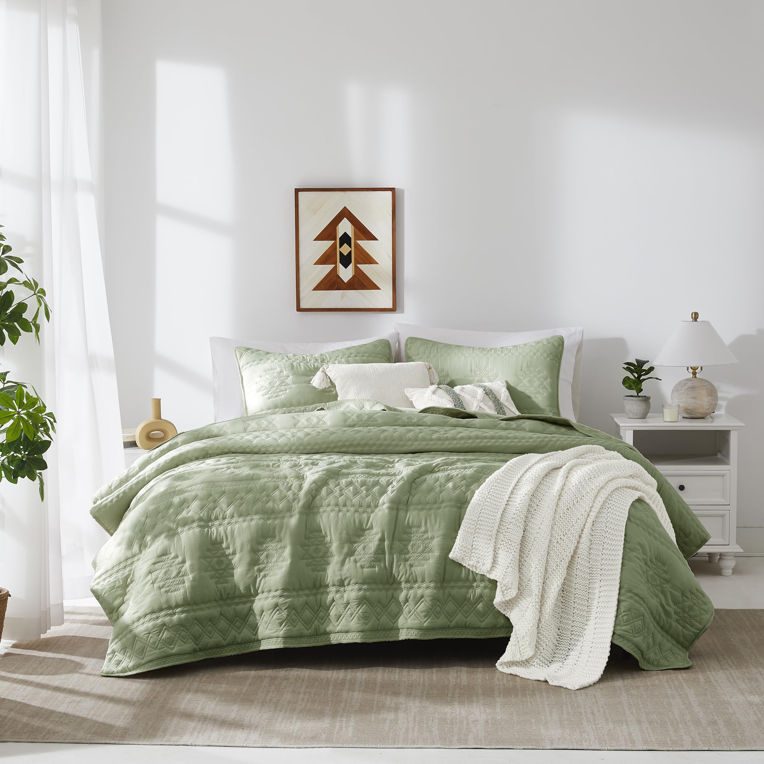 Wdcozy Boho Sage Green Quilt King Size Bedding Sets With 2 Pillow Shams, Farmhouse Lightweight Soft Bedspread Coverlet For All S