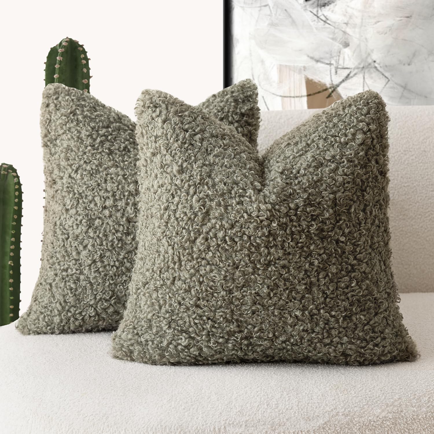 Foindtower 2 Pieces 24X24 Inch Sage Green, Faux Fur Throw Pillow Cover Accent Sherpa Pillow Fuzzy Soft Pillowcases Sheepskin Dec